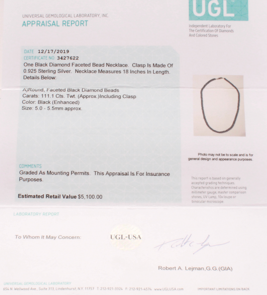 Black Diamond Faceted Bead Neckalce (UGL Appraisal) Pristine Auction