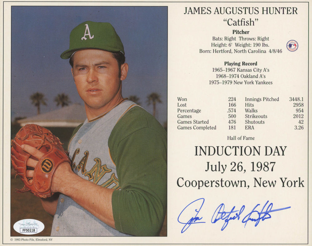 Jim "Catfish" Hunter Signed Athletics 8x10 Induction Day Stat Card (JSA