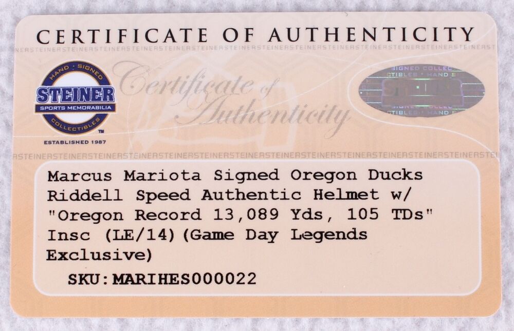 Marcus Mariota Signed Oregon Ducks LE Full-Size Authentic On-Field Speed Helmet Inscribed "Oregon Record: 13,089 Yds, 105 Tds" (Steiner COA) at PristineAuction.com Marcus Mariota Signed Oregon Ducks LE Full-Size Authentic On-Field Speed Helmet Inscribed "Oregon Record: 13,089 Yds, 105 Tds" (Steiner COA) at PristineAuction.com