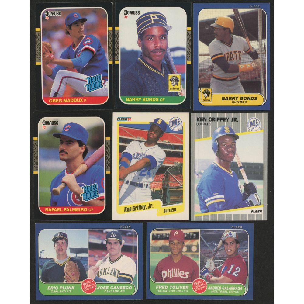 Lot of (8) Baseball Cards with 1987 Donruss #43 Rafael Palmeiro RC, 1989  Fleer #548 Ken Griffey Jr. RC, 1987 Donruss #36 Greg Maddux RC, 1986 Fleer  Update #14 Barry Bonds RC | Pristine Auction