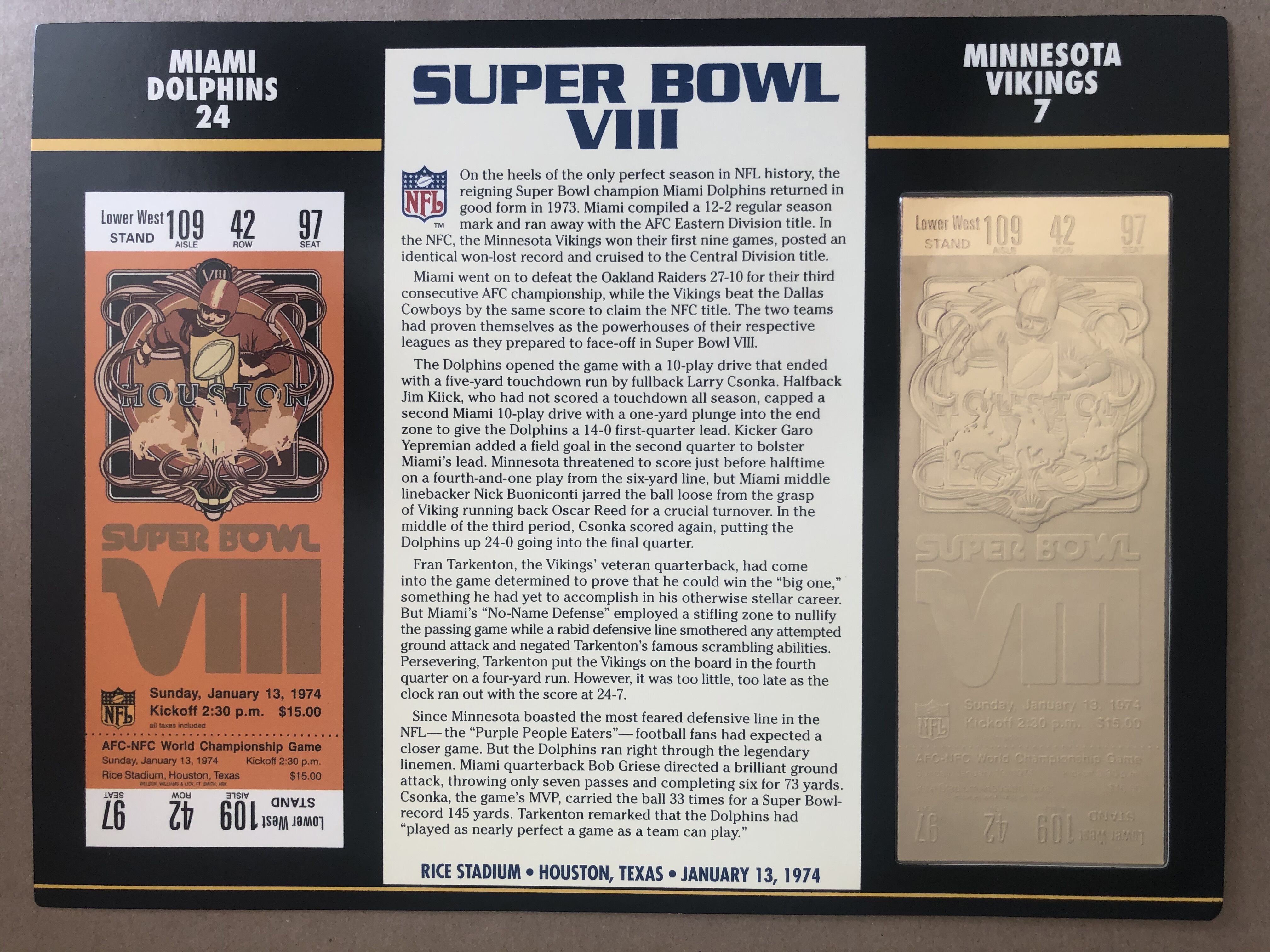 1974 Commemorative Super Bowl VIII Card with Ticket: Dolphins vs Vikings at PristineAuction.com 1974 Commemorative Super Bowl VIII Card with Ticket: Dolphins vs Vikings at PristineAuction.com