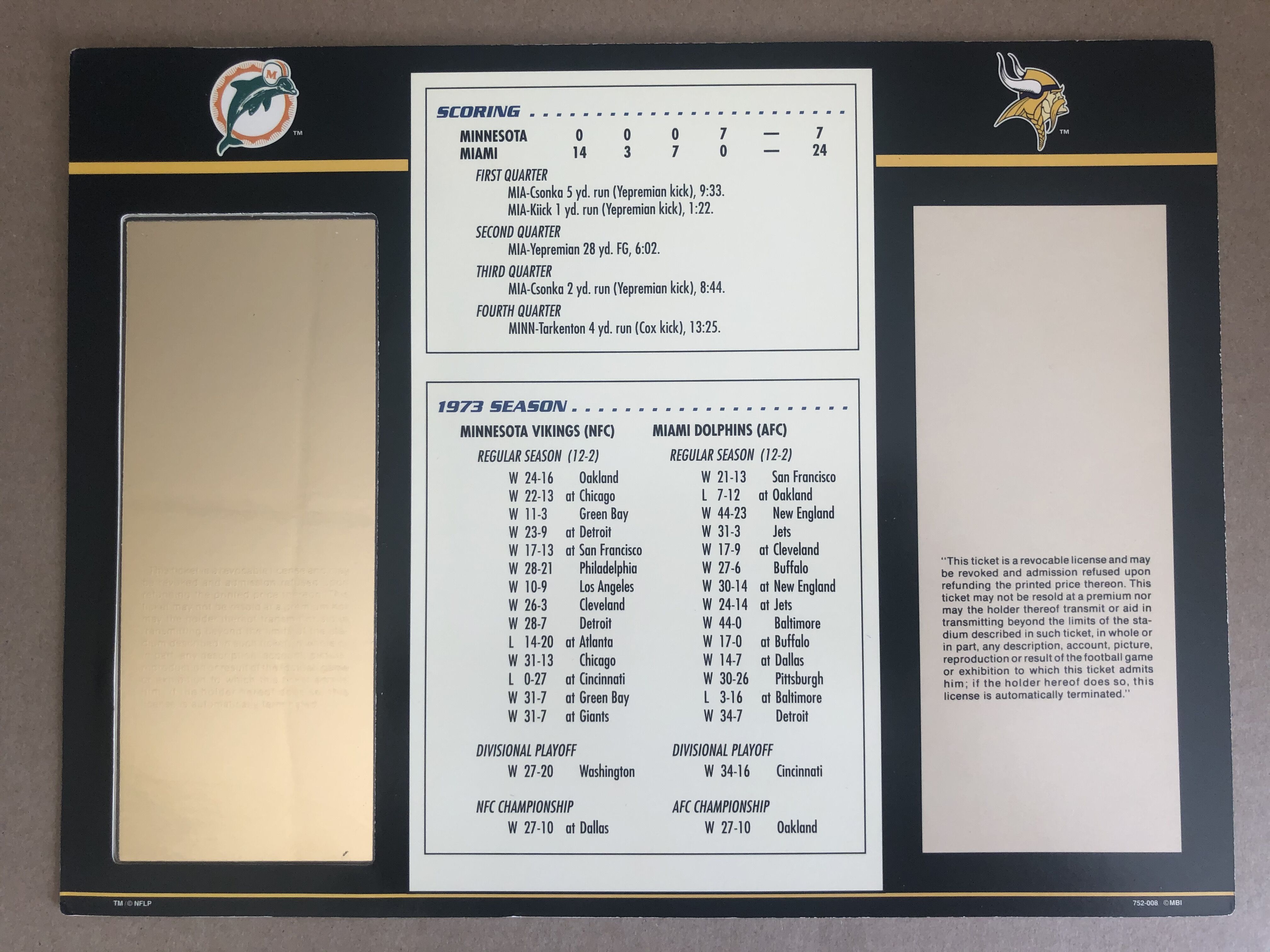 1974 Commemorative Super Bowl VIII Card with Ticket: Dolphins vs Vikings at PristineAuction.com 1974 Commemorative Super Bowl VIII Card with Ticket: Dolphins vs Vikings at PristineAuction.com