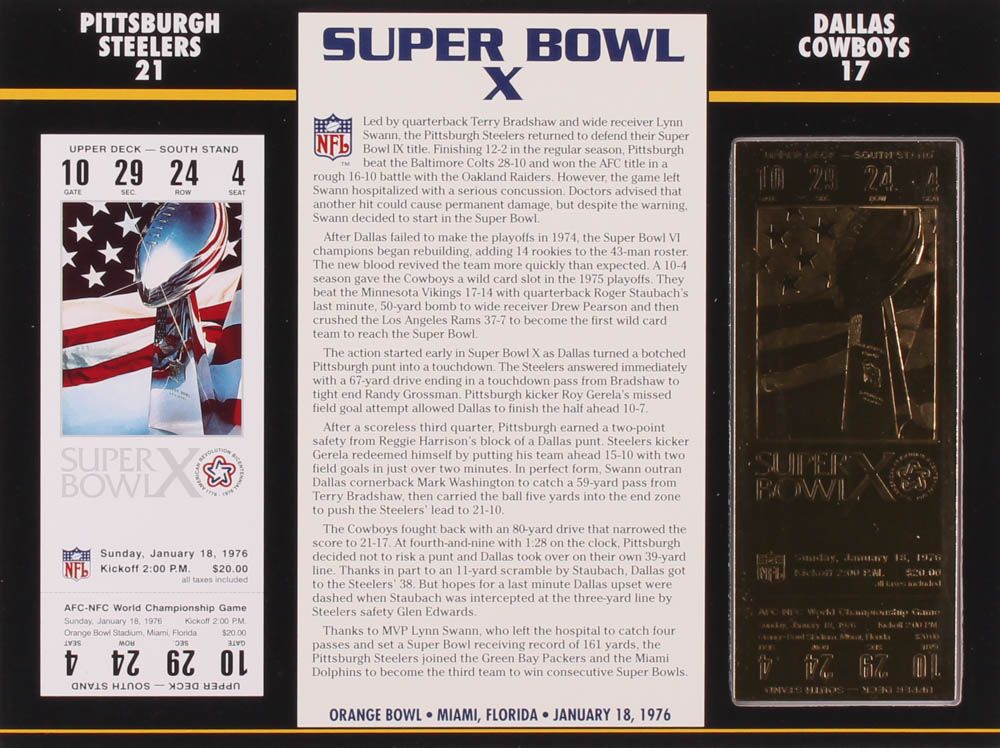 1976 Commemorative Super Bowl X Card with Ticket: Steelers vs Cowboys at PristineAuction.com 1976 Commemorative Super Bowl X Card with Ticket: Steelers vs Cowboys at PristineAuction.com