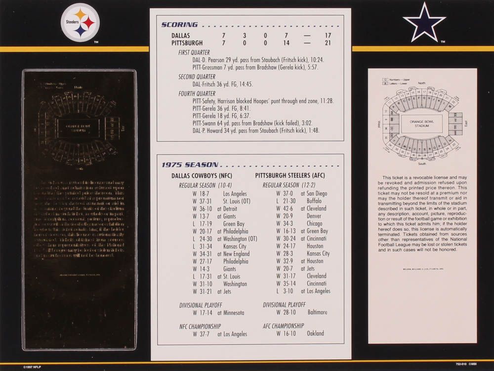 1976 Commemorative Super Bowl X Card with Ticket: Steelers vs Cowboys at PristineAuction.com 1976 Commemorative Super Bowl X Card with Ticket: Steelers vs Cowboys at PristineAuction.com