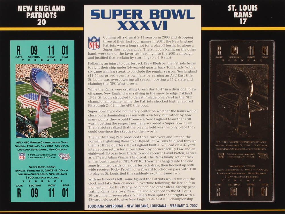 2002 Commemorative Super Bowl XXXVI Card with Ticket: Patriots vs Rams at PristineAuction.com 2002 Commemorative Super Bowl XXXVI Card with Ticket: Patriots vs Rams at PristineAuction.com