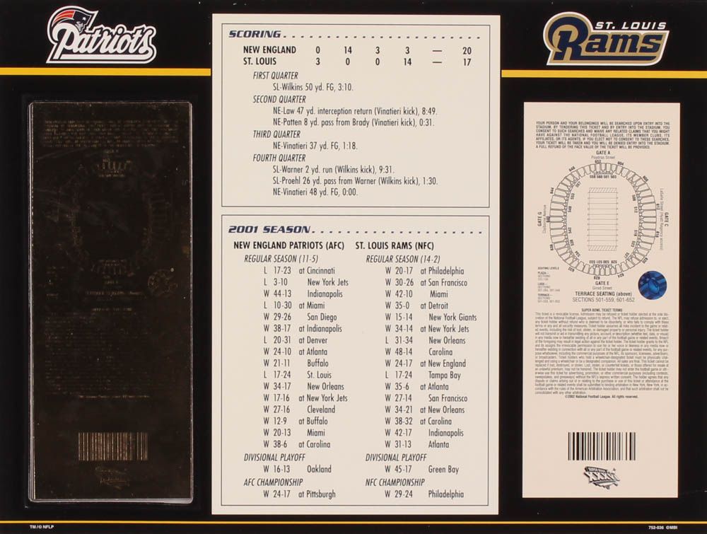 2002 Commemorative Super Bowl XXXVI Card with Ticket: Patriots vs Rams at PristineAuction.com 2002 Commemorative Super Bowl XXXVI Card with Ticket: Patriots vs Rams at PristineAuction.com