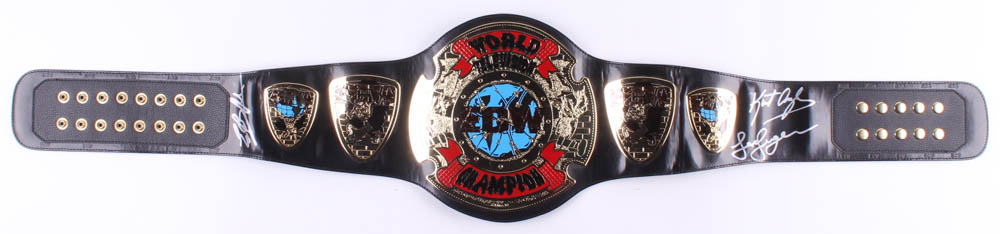 WWE Wrestlemania World Championship Belt Signed by (7) with Eric Bischoff, Kurt Angle, Lex Luger, X-Pac, Billy Jack Haynes, Rick Martel (JSA ALOA) at PristineAuction.com WWE Wrestlemania World Championship Belt Signed by (7) with Eric Bischoff, Kurt Angle, Lex Luger, X-Pac, Billy Jack Haynes, Rick Martel (JSA ALOA) at PristineAuction.com