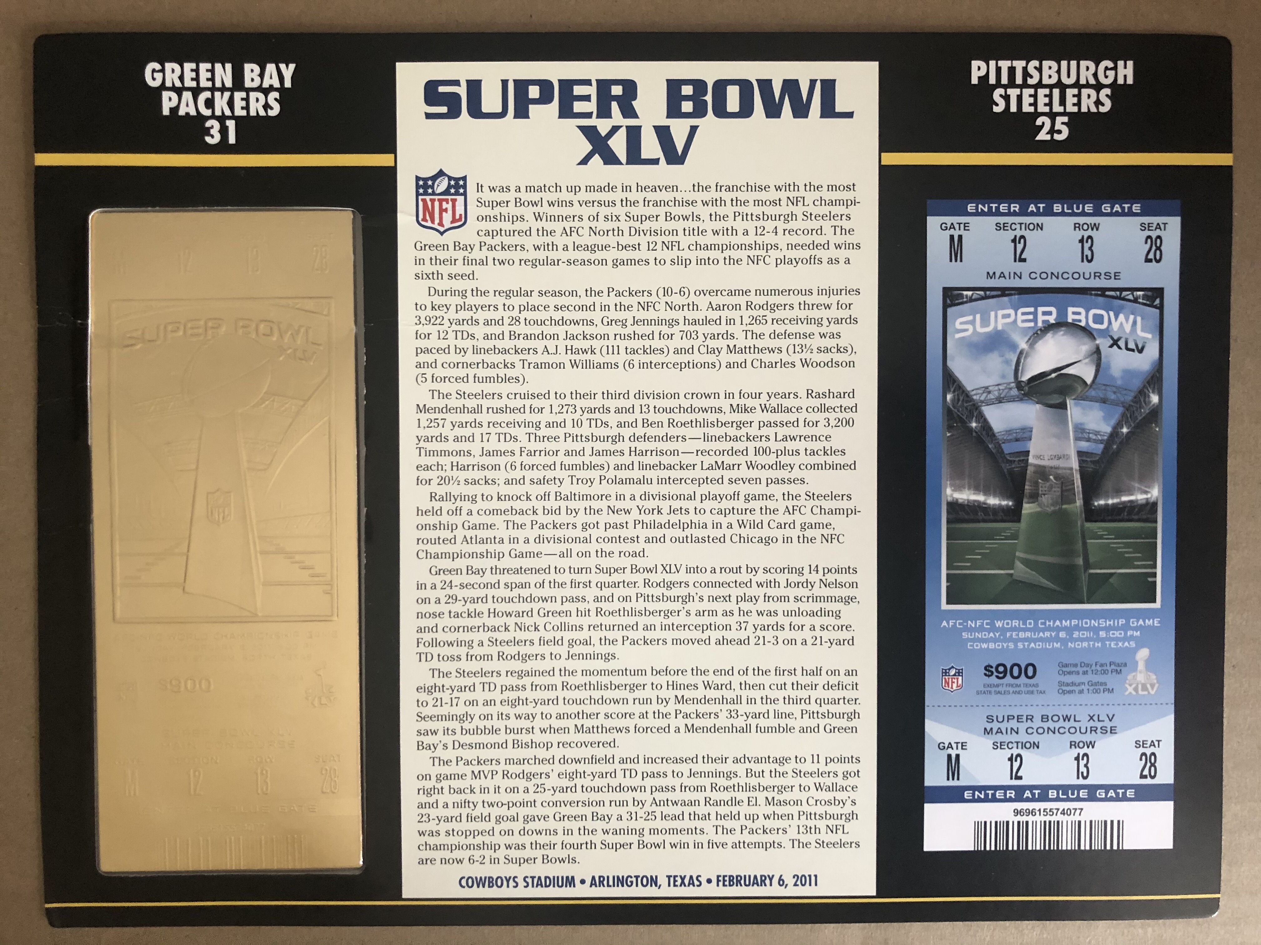 2011 Commemorative Super Bowl XLV Card with Ticket: Packers vs Steelers at PristineAuction.com 2011 Commemorative Super Bowl XLV Card with Ticket: Packers vs Steelers at PristineAuction.com