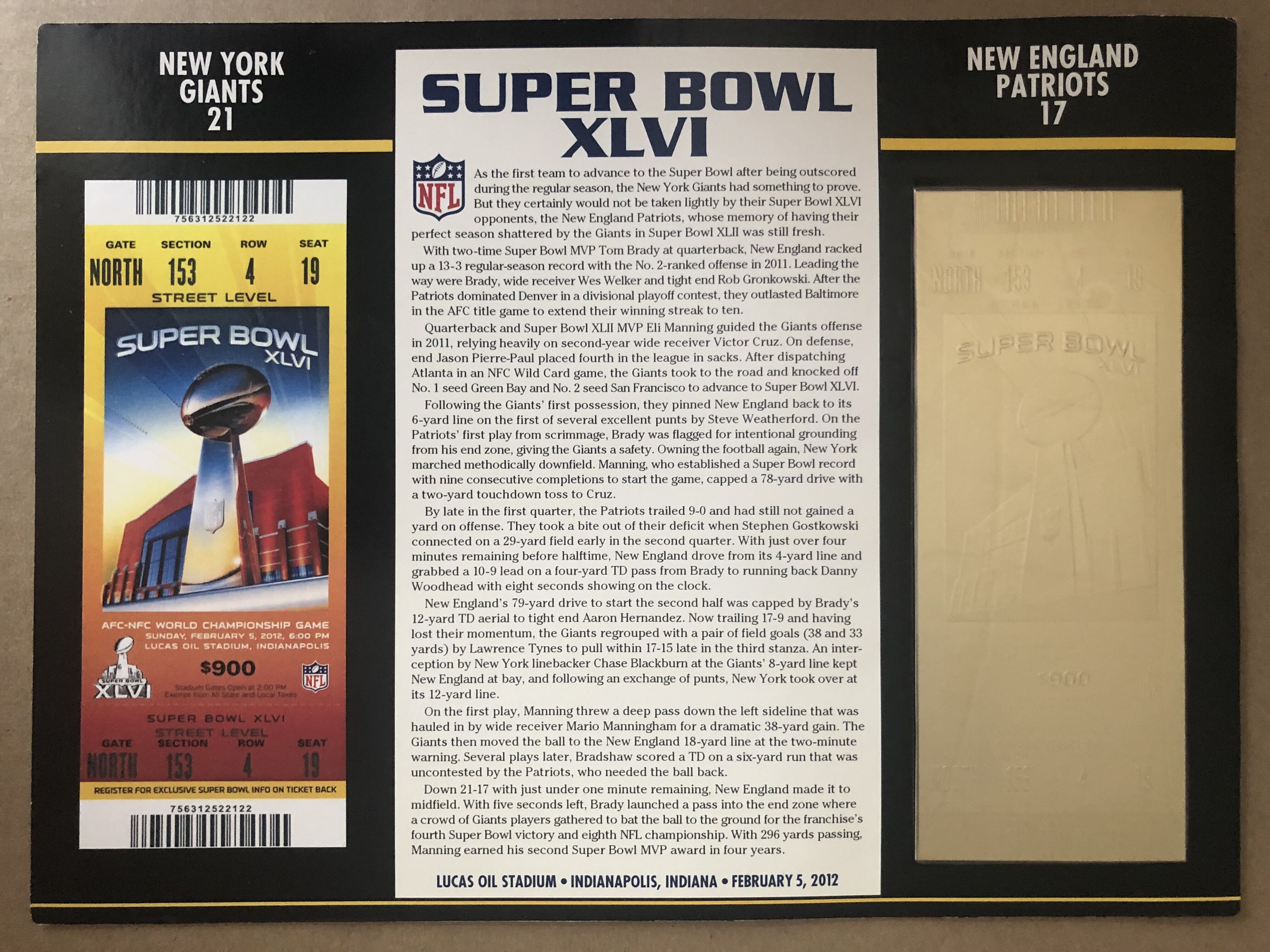 Super Bowl XLVI Commemorative Score Card with 22kt Gold Ticket at PristineAuction.com Super Bowl XLVI Commemorative Score Card with 22kt Gold Ticket at PristineAuction.com