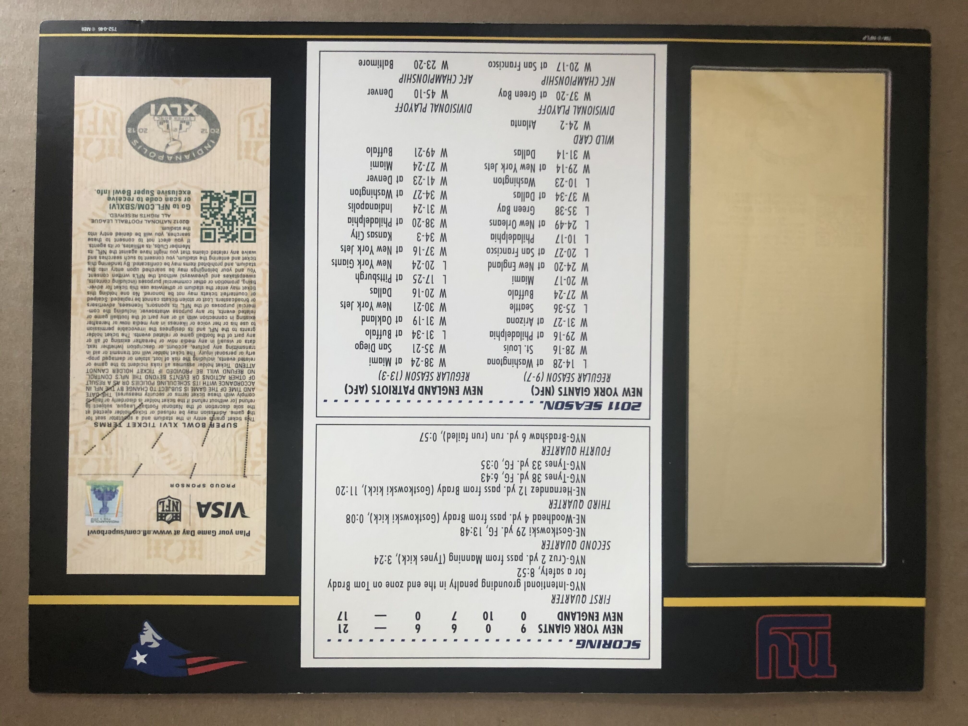 Super Bowl XLVI Commemorative Score Card with 22kt Gold Ticket at PristineAuction.com Super Bowl XLVI Commemorative Score Card with 22kt Gold Ticket at PristineAuction.com