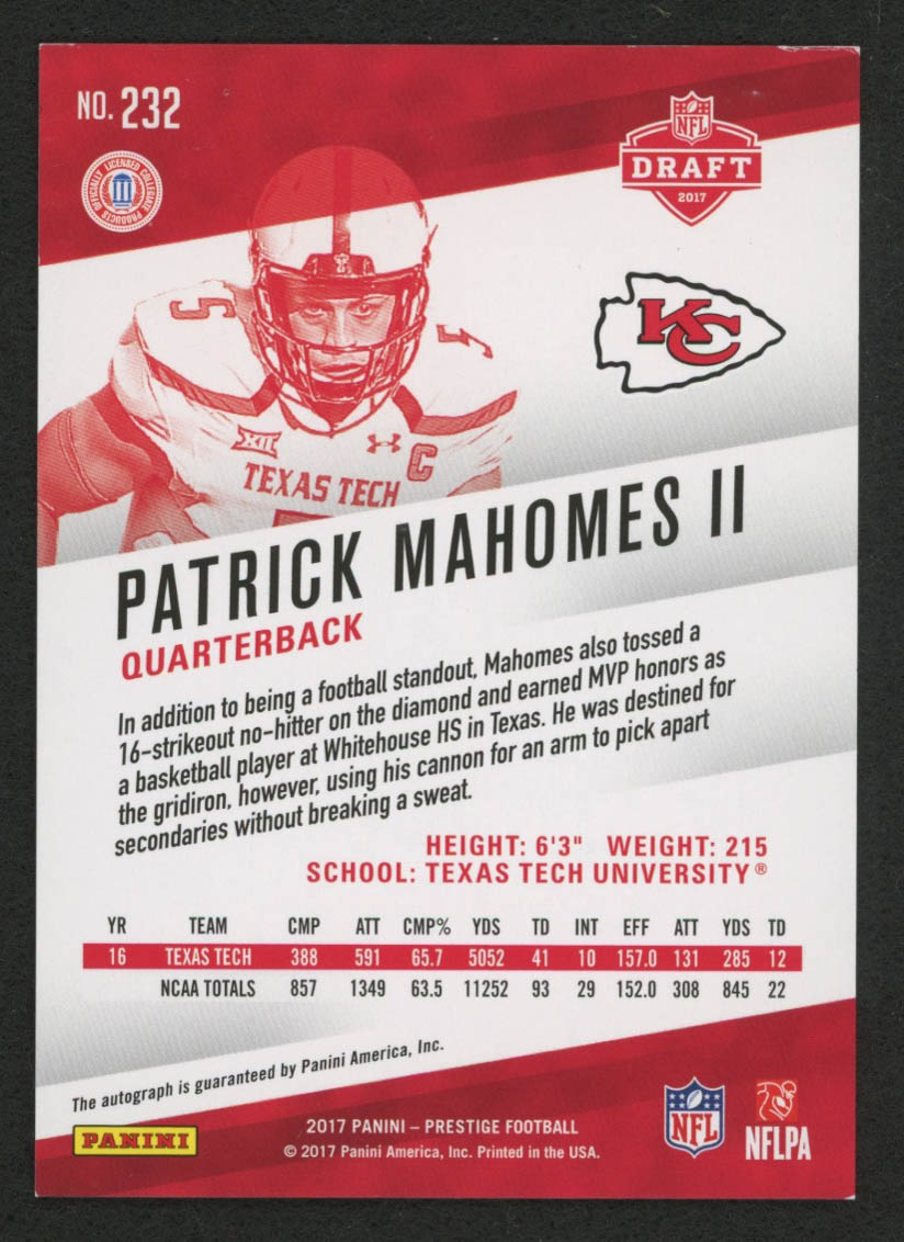 Patrick Mahomes II 2017 Prestige Rookie Autographs #232 RC at PristineAuction.com Patrick Mahomes II 2017 Prestige Rookie Autographs #232 RC at PristineAuction.com