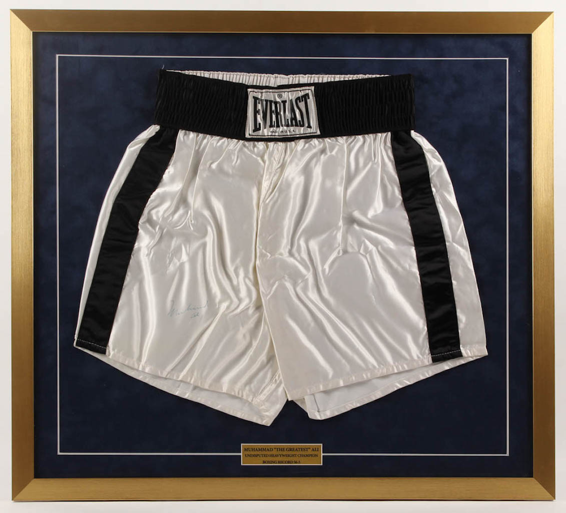 Muhammad Ali Signed 27x30 Custom Framed Boxing Trunks Display (JSA LOA) at PristineAuction.com Muhammad Ali Signed 27x30 Custom Framed Boxing Trunks Display (JSA LOA) at PristineAuction.com