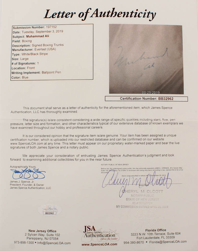 Muhammad Ali Signed 27x30 Custom Framed Boxing Trunks Display (JSA LOA) at PristineAuction.com Muhammad Ali Signed 27x30 Custom Framed Boxing Trunks Display (JSA LOA) at PristineAuction.com