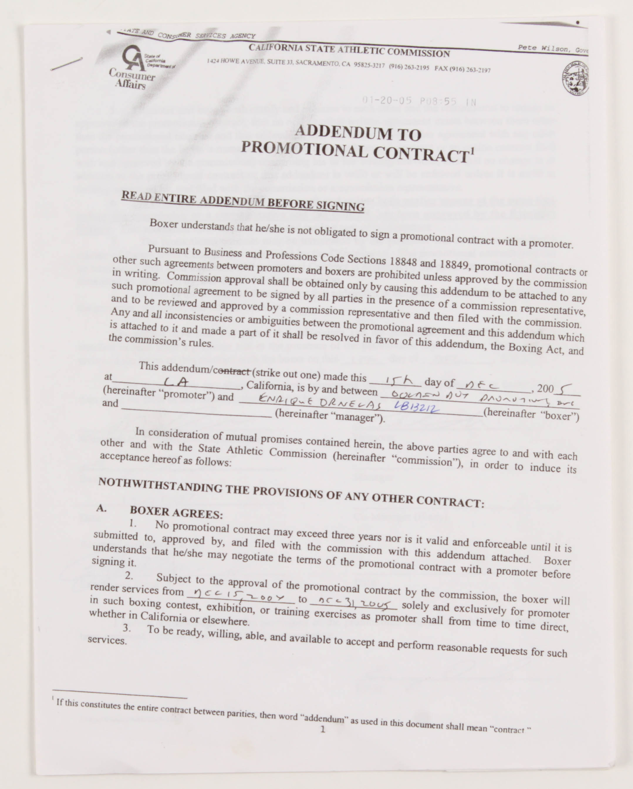 Oscar De La Hoya & Enrique Ornealas Signed Addendum to Promotional Contract (JSA COA) at PristineAuction.com Oscar De La Hoya & Enrique Ornealas Signed Addendum to Promotional Contract (JSA COA) at PristineAuction.com