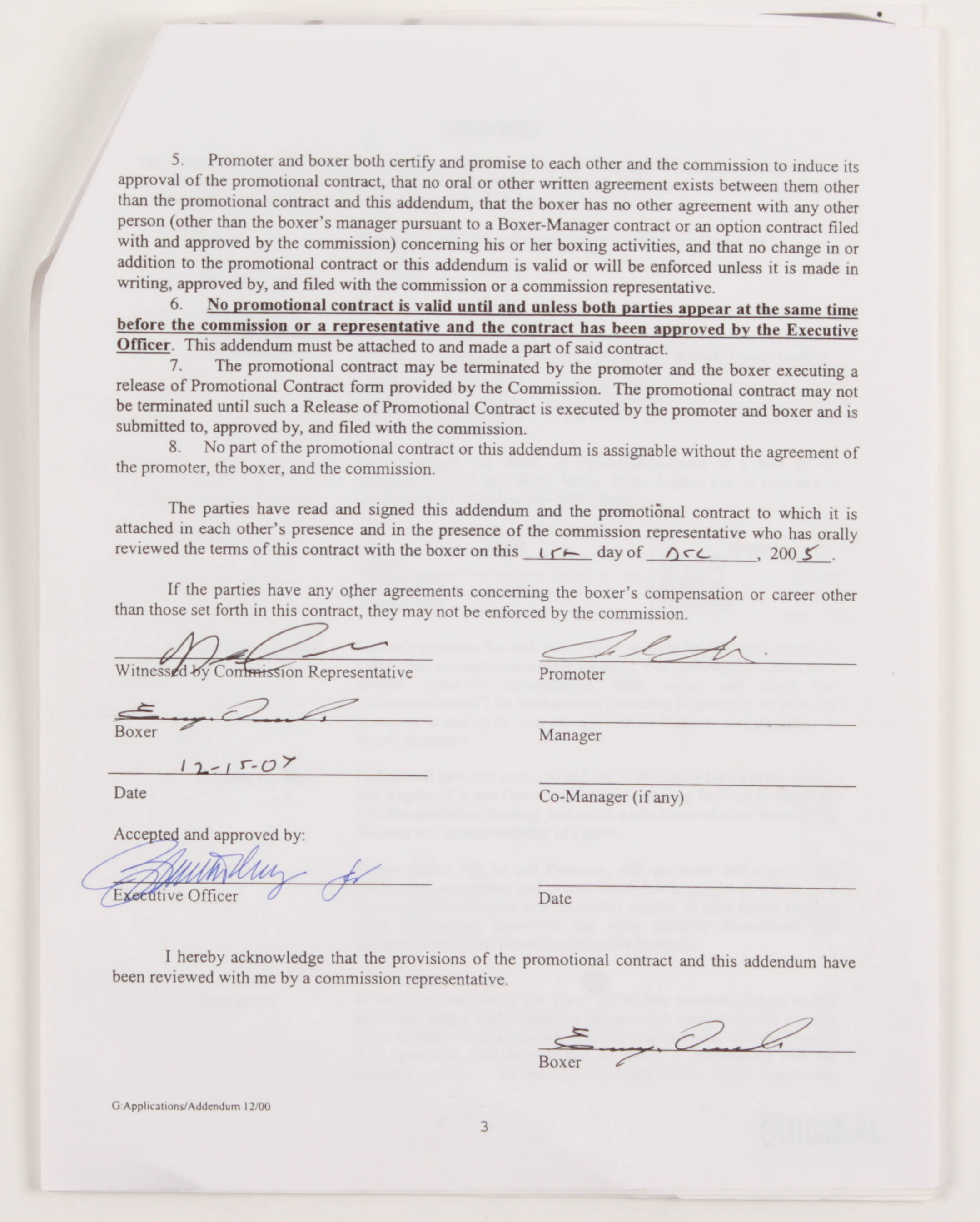 Oscar De La Hoya & Enrique Ornealas Signed Addendum to Promotional Contract (JSA COA) at PristineAuction.com Oscar De La Hoya & Enrique Ornealas Signed Addendum to Promotional Contract (JSA COA) at PristineAuction.com