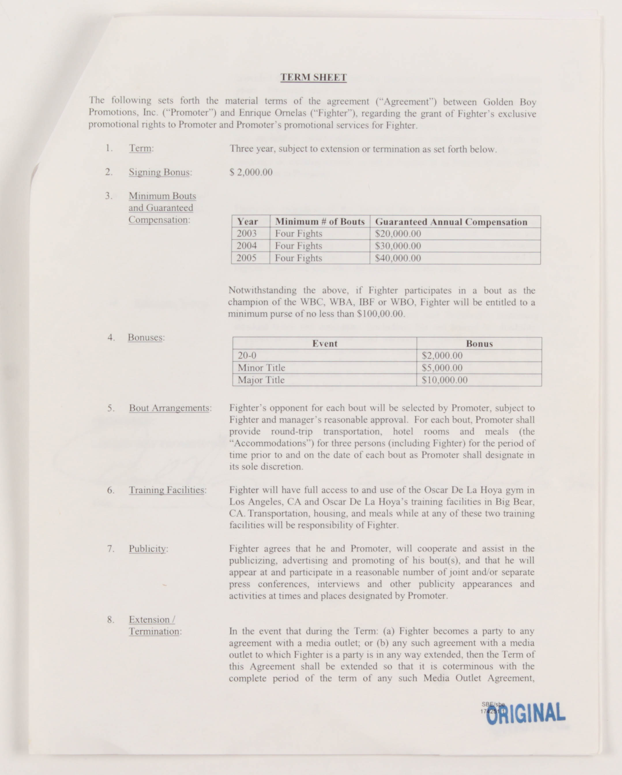 Oscar De La Hoya & Enrique Ornealas Signed Addendum to Promotional Contract (JSA COA) at PristineAuction.com Oscar De La Hoya & Enrique Ornealas Signed Addendum to Promotional Contract (JSA COA) at PristineAuction.com