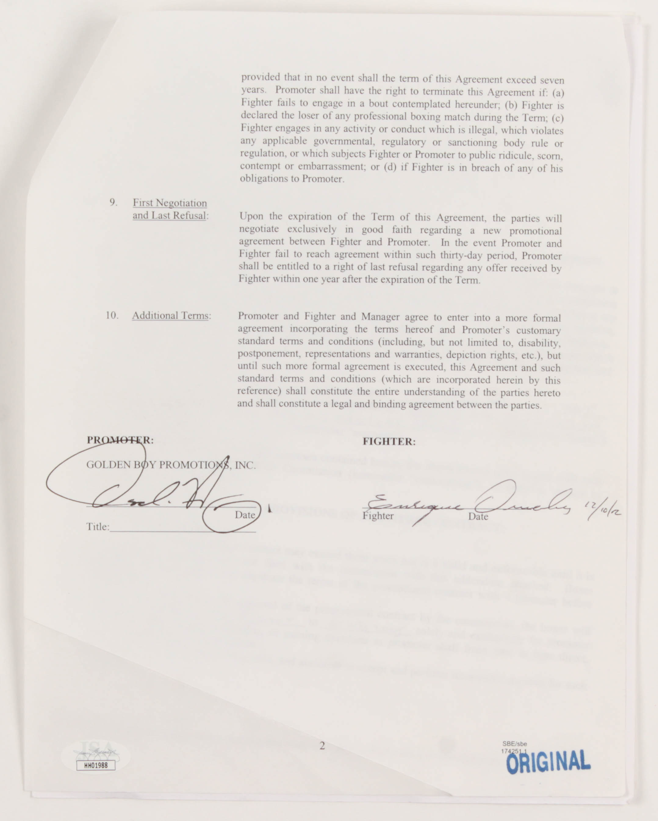 Oscar De La Hoya & Enrique Ornealas Signed Addendum to Promotional Contract (JSA COA) at PristineAuction.com Oscar De La Hoya & Enrique Ornealas Signed Addendum to Promotional Contract (JSA COA) at PristineAuction.com