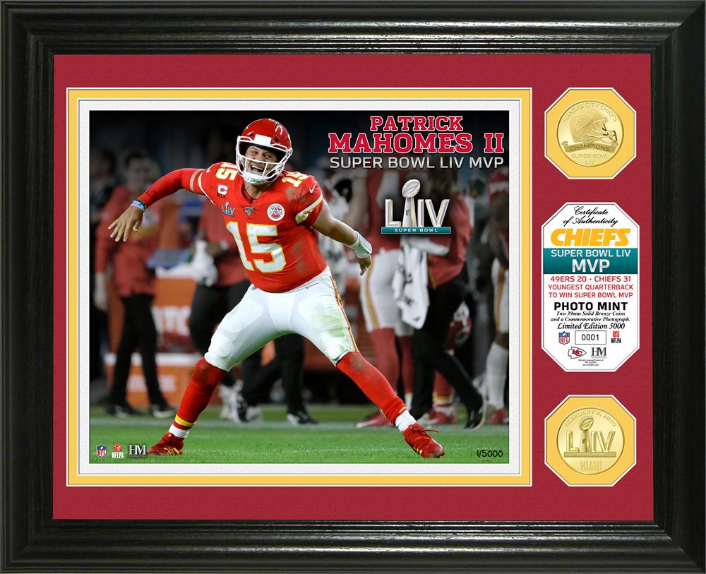 Patrick Mahomes II Chiefs "SuperBowl 54 MVP" 13x16 Custom Framed LE Highland Mint Bronze Coin Display at PristineAuction.com Patrick Mahomes II Chiefs "SuperBowl 54 MVP" 13x16 Custom Framed LE Highland Mint Bronze Coin Display at PristineAuction.com