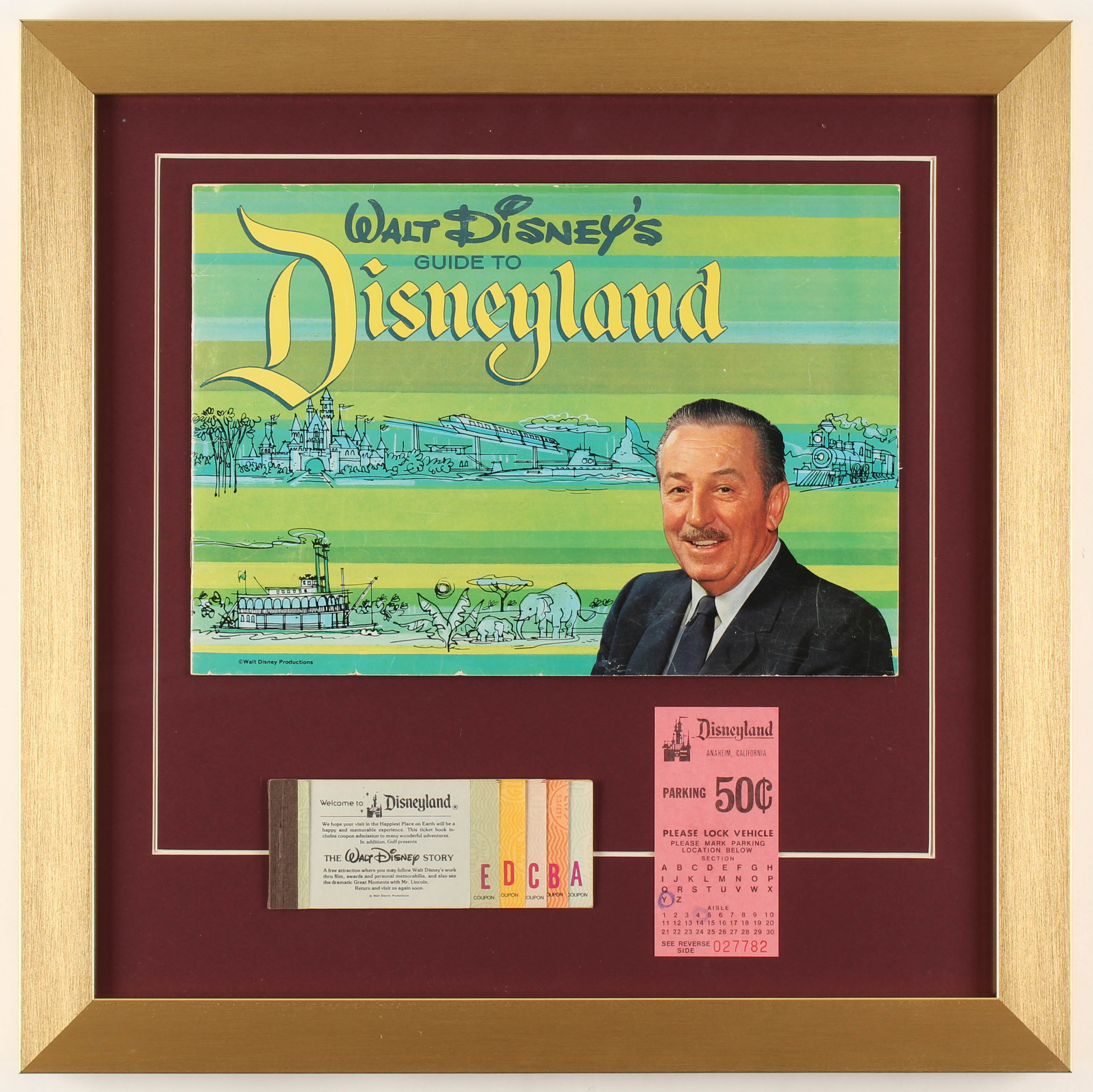 Walt Disney's "Disneyland" 17x17 Custom Framed 1964 Original Guide Display with Vintage Ticket Booklet & Parking Pass at PristineAuction.com Walt Disney's "Disneyland" 17x17 Custom Framed 1964 Original Guide Display with Vintage Ticket Booklet & Parking Pass at PristineAuction.com