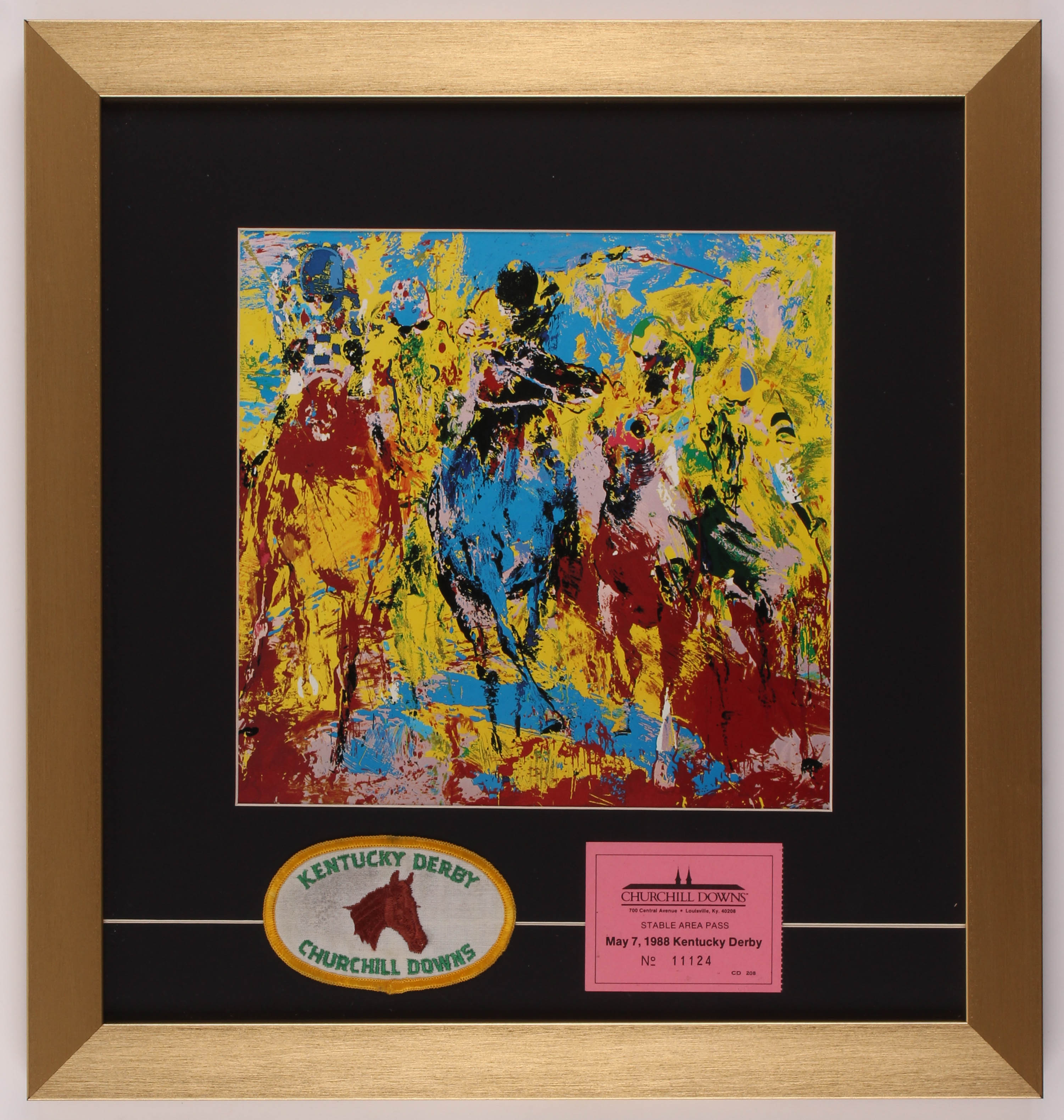 LeRoy Neiman "Churchill Downs" 16x17 Custom Framed Print Display with Kentucky Derby Patch & Horse Stable Pass at PristineAuction.com LeRoy Neiman "Churchill Downs" 16x17 Custom Framed Print Display with Kentucky Derby Patch & Horse Stable Pass at PristineAuction.com