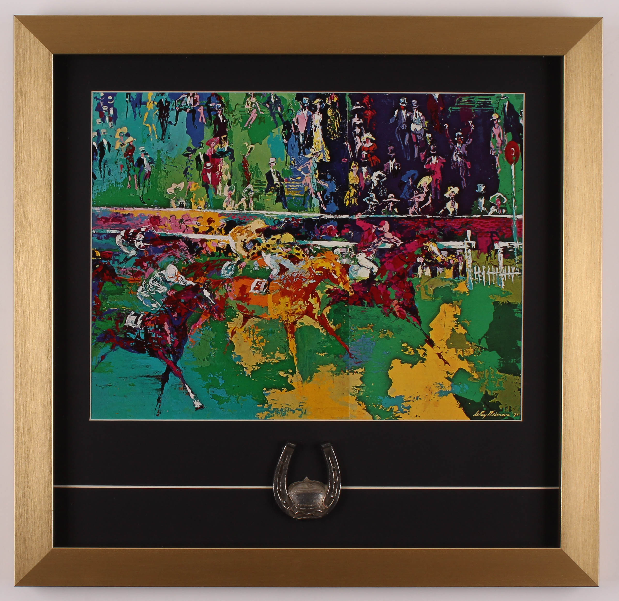 LeRoy Neiman "Horse Racing" 17.5x18 Custom Framed Print Display with 1960s Pewter Kentucky Derby Emblem at PristineAuction.com LeRoy Neiman "Horse Racing" 17.5x18 Custom Framed Print Display with 1960s Pewter Kentucky Derby Emblem at PristineAuction.com