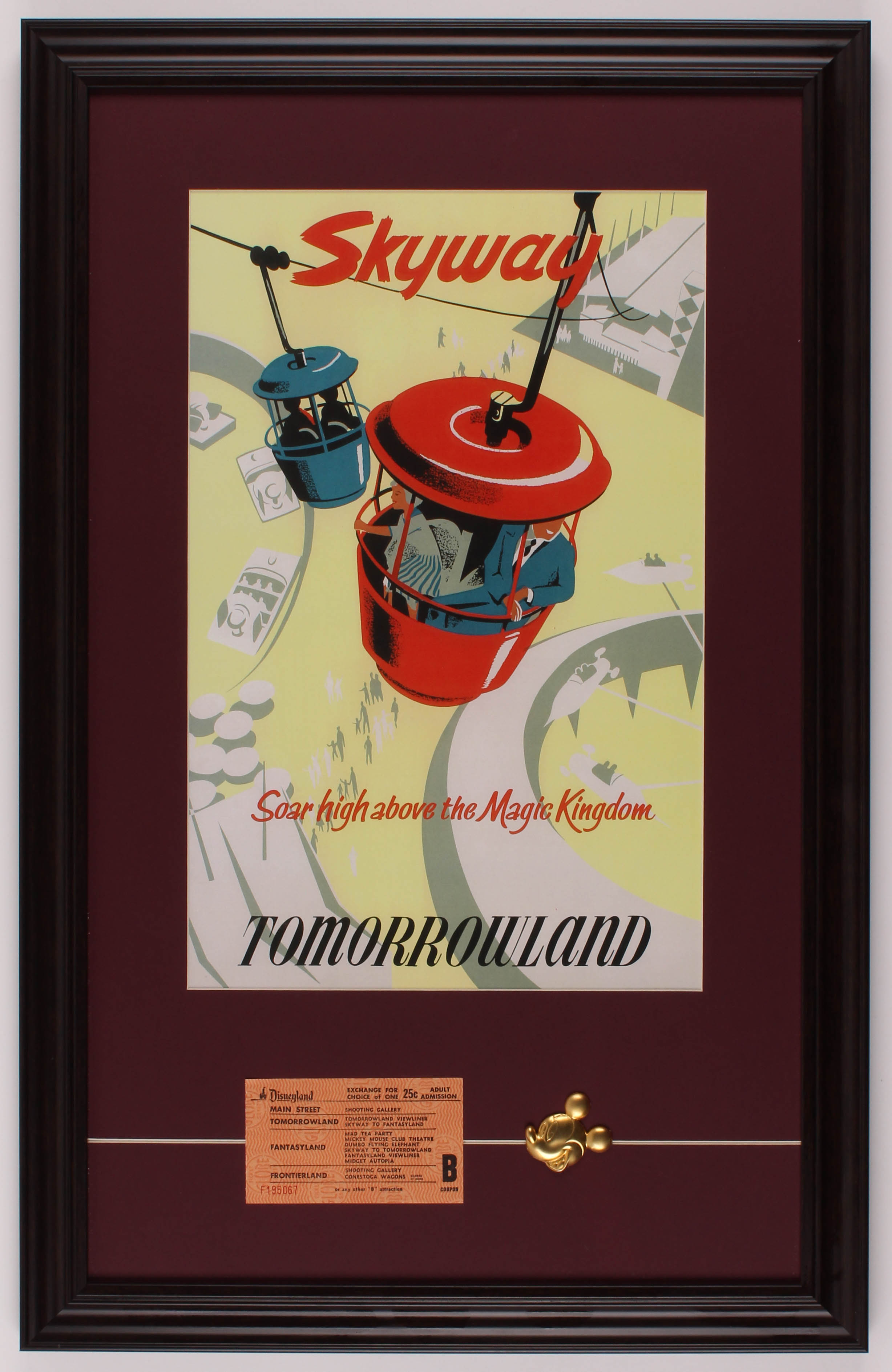 Disneyland Tomorrowland "Skyway" 17.5x27.5 Custom Framed Poster Print Display with Vintage Ticket and Pin at PristineAuction.com Disneyland Tomorrowland "Skyway" 17.5x27.5 Custom Framed Poster Print Display with Vintage Ticket and Pin at PristineAuction.com