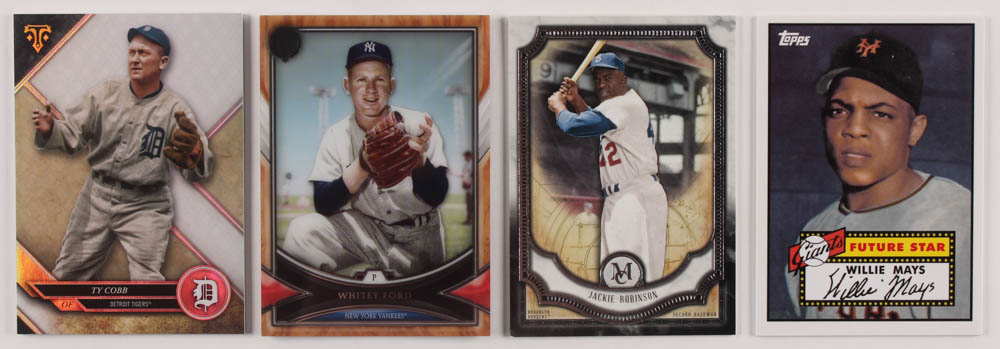 Lot of (4) Assorted Baseball Cards with 2018 Topps Museum Collection #49 Jackie Robinson, 2014 Topps Future Stars That Never Were #FS16 Willie Mays, 2018 Topps Triple Threads #75 Ty Cobb & 2018 Topps Tribute #49 Whitey Ford