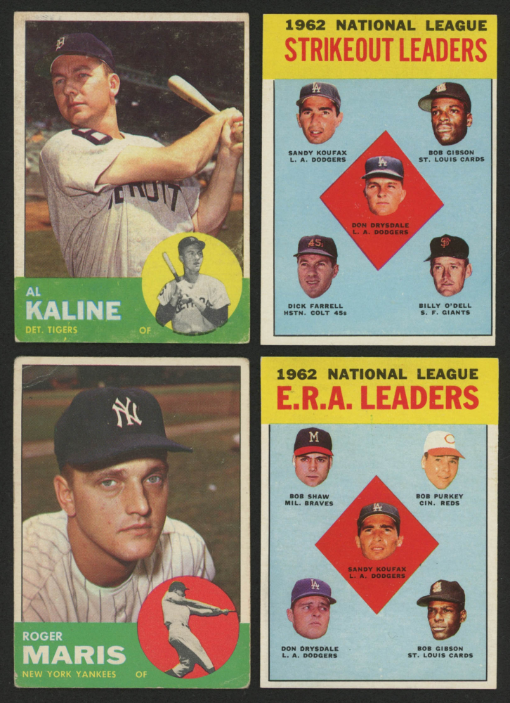 Lot of (4) 1963 Topps Baseball Cards with 25 Al Kaline, 120 Roger
