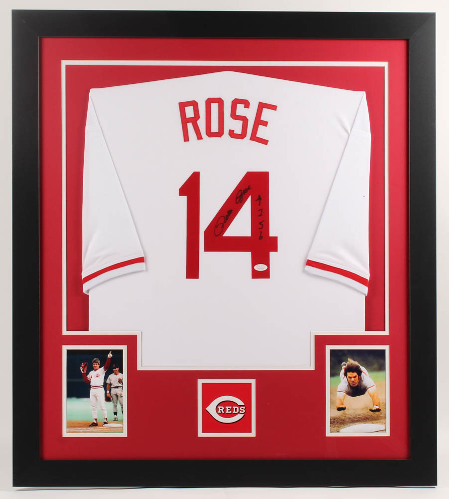 Pete Rose Signed 31x35 Custom Framed Jersey Inscribed "4256" (JSA COA) at PristineAuction.com Pete Rose Signed 31x35 Custom Framed Jersey Inscribed "4256" (JSA COA) at PristineAuction.com