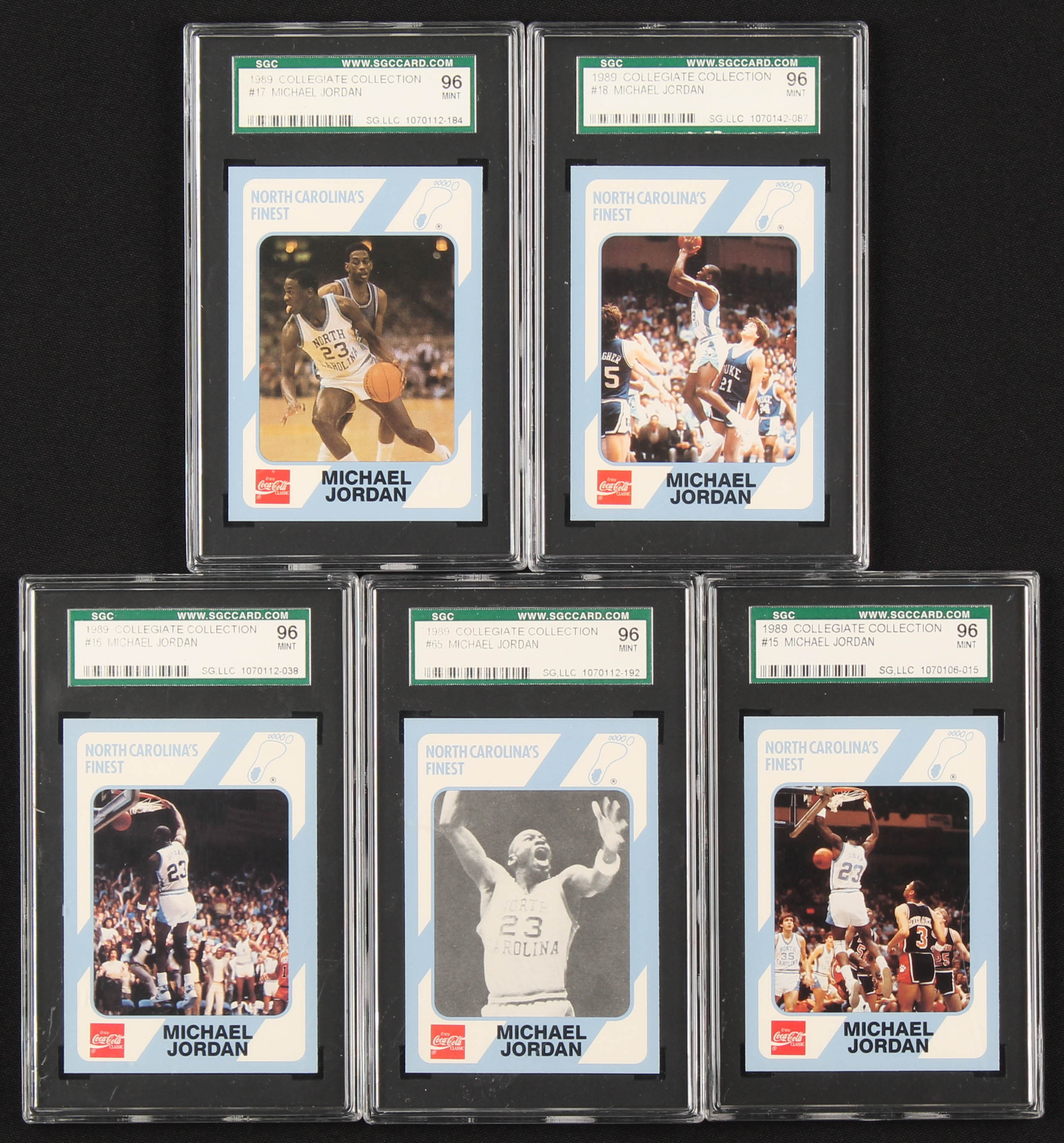 Lot of (5) SGC 9 Graded 1989-90 North Carolina Collegiate Collection Michael Jordan with #15, #16, #17, #18, & #65 at PristineAuction.com Lot of (5) SGC 9 Graded 1989-90 North Carolina Collegiate Collection Michael Jordan with #15, #16, #17, #18, & #65 at PristineAuction.com