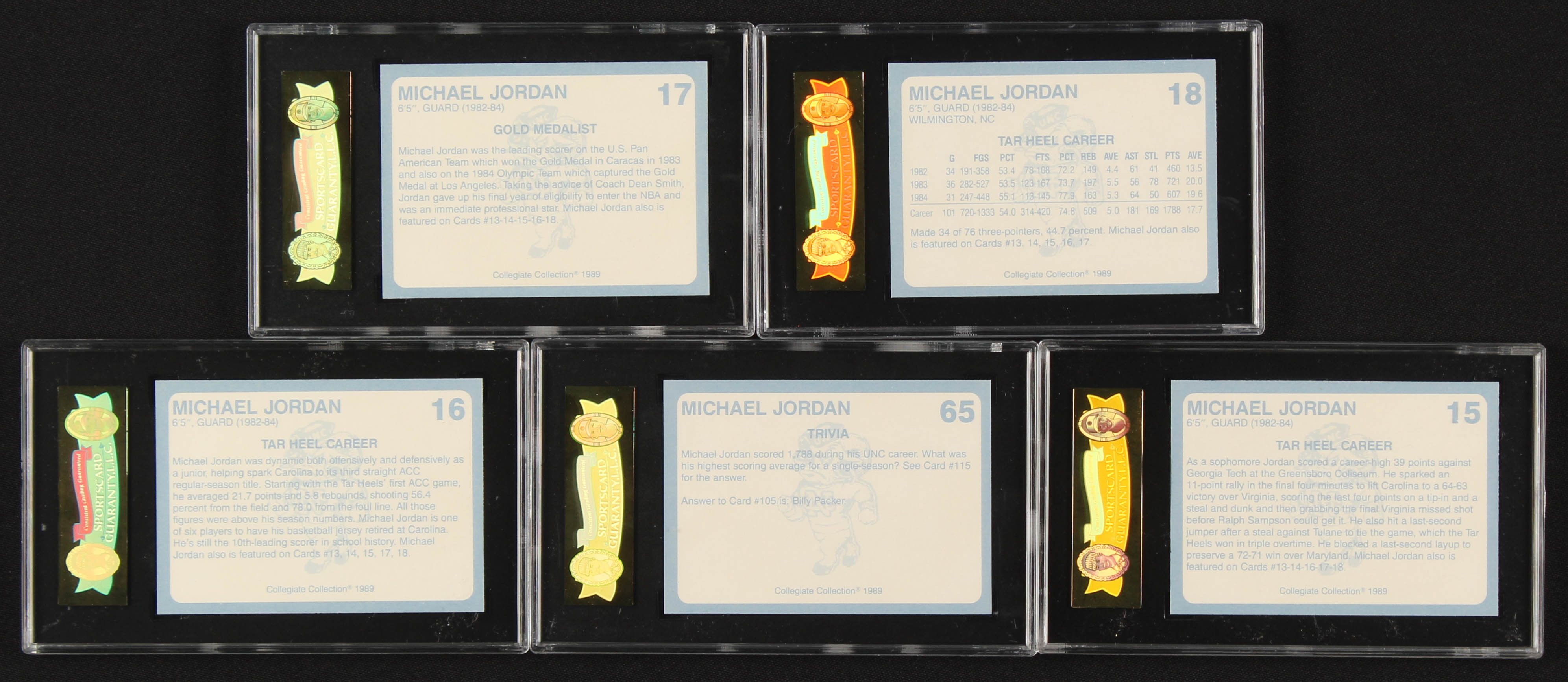 Lot of (5) SGC 9 Graded 1989-90 North Carolina Collegiate Collection Michael Jordan with #15, #16, #17, #18, & #65 at PristineAuction.com Lot of (5) SGC 9 Graded 1989-90 North Carolina Collegiate Collection Michael Jordan with #15, #16, #17, #18, & #65 at PristineAuction.com