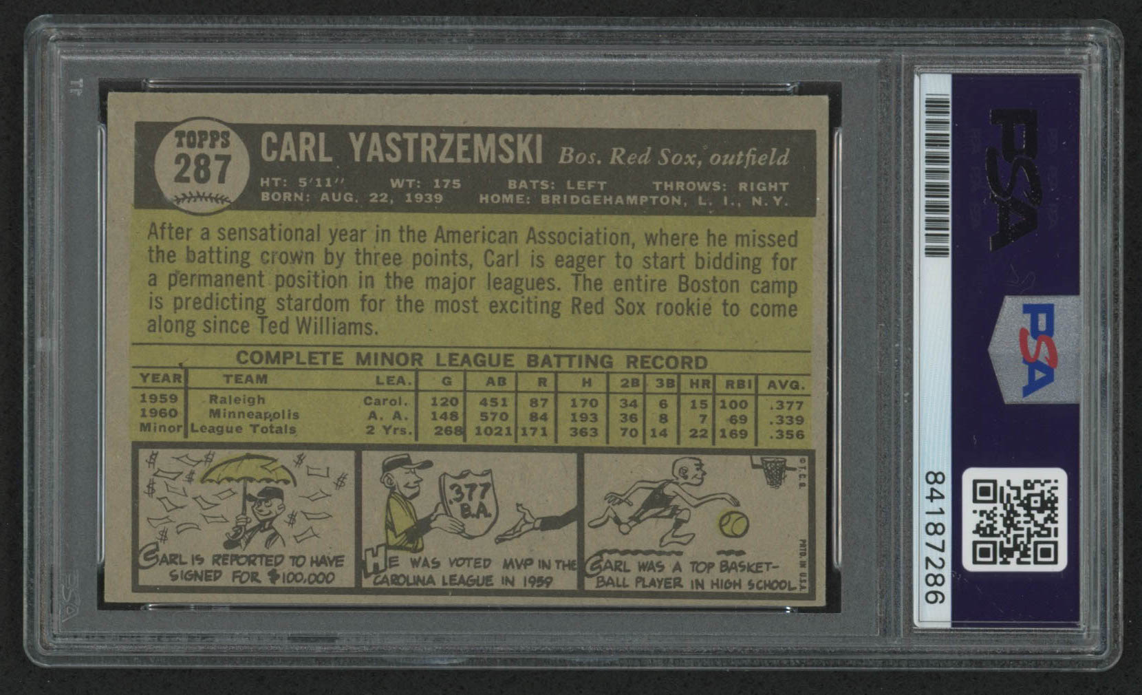 Carl Yastrzemski Signed 1961 Topps #287 Inscribed "HOF 1989" (PSA Encapsulated) at PristineAuction.com Carl Yastrzemski Signed 1961 Topps #287 Inscribed "HOF 1989" (PSA Encapsulated) at PristineAuction.com