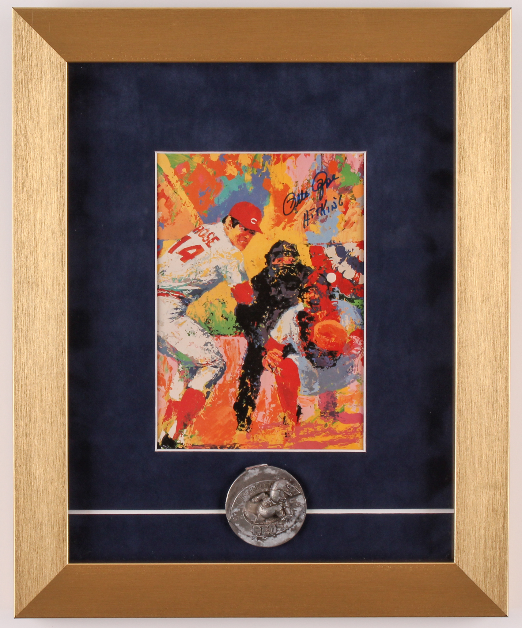 Pete Rose Signed 11x13.5 Custom Framed LeRoy Neiman Print Display Inscribed "Hit King" with Vintage 1970's Reds Pewter Emblem (JSA COA) at PristineAuction.com Pete Rose Signed 11x13.5 Custom Framed LeRoy Neiman Print Display Inscribed "Hit King" with Vintage 1970's Reds Pewter Emblem (JSA COA) at PristineAuction.com