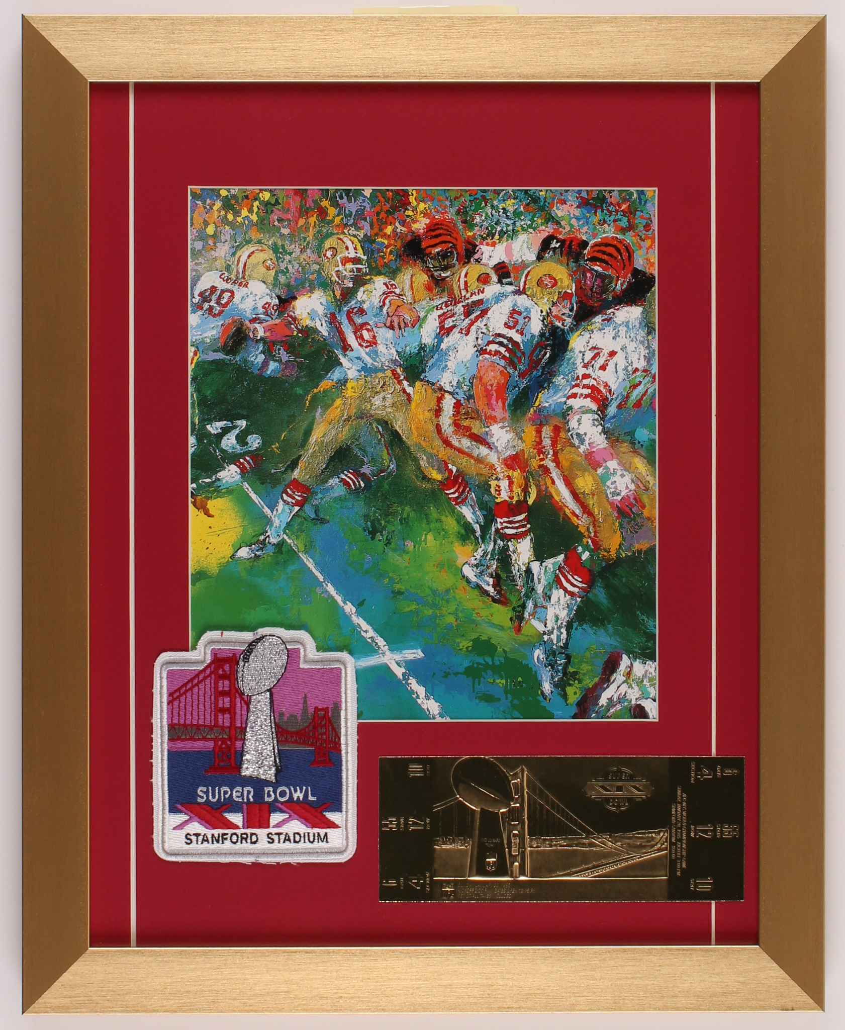 LeRoy Neiman "Joe Montana" 14.5x18 Custom Framed Print Display with 23 KT Gold Ticket & Super Bowl Patch at PristineAuction.com LeRoy Neiman "Joe Montana" 14.5x18 Custom Framed Print Display with 23 KT Gold Ticket & Super Bowl Patch at PristineAuction.com