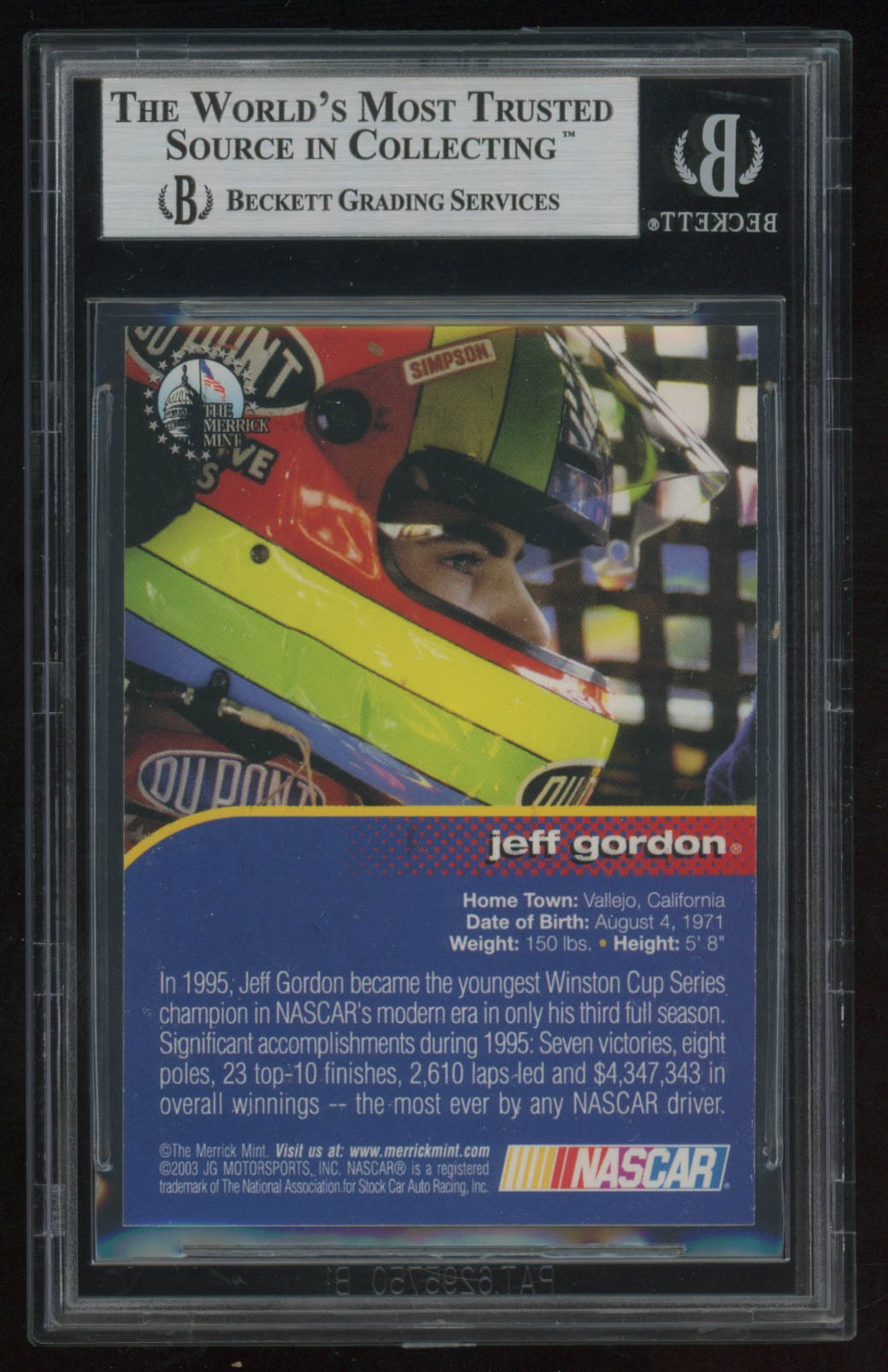 Jeff Gordon Signed 2003 The Merrick Mint / 1995 Winston Cup Champion (BGS Encapsulated) at PristineAuction.com Jeff Gordon Signed 2003 The Merrick Mint / 1995 Winston Cup Champion (BGS Encapsulated) at PristineAuction.com