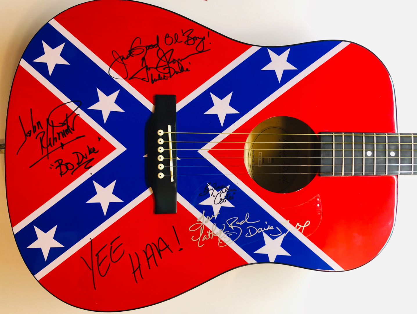 "Dukes of Hazzard" Signed Acoustic Guitar Signed by (4) with Catherine Bach, Tom Wopat, John Schneider & Ben Jones with Inscriptions (JSA COA) at PristineAuction.com "Dukes of Hazzard" Signed Acoustic Guitar Signed by (4) with Catherine Bach, Tom Wopat, John Schneider & Ben Jones with Inscriptions (JSA COA) at PristineAuction.com
