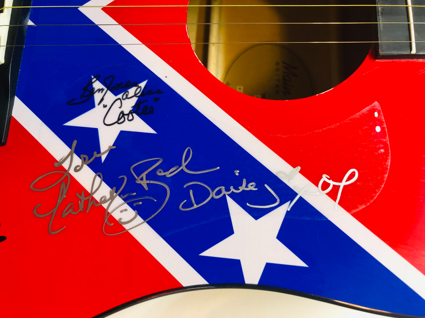 "Dukes of Hazzard" Signed Acoustic Guitar Signed by (4) with Catherine Bach, Tom Wopat, John Schneider & Ben Jones with Inscriptions (JSA COA) at PristineAuction.com "Dukes of Hazzard" Signed Acoustic Guitar Signed by (4) with Catherine Bach, Tom Wopat, John Schneider & Ben Jones with Inscriptions (JSA COA) at PristineAuction.com