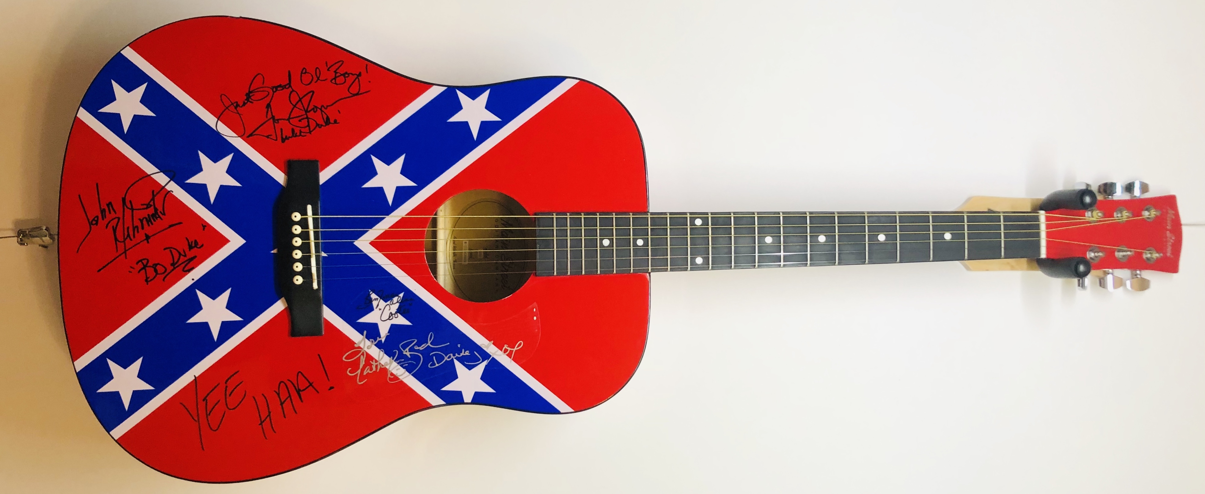 "Dukes of Hazzard" Signed Acoustic Guitar Signed by (4) with Catherine Bach, Tom Wopat, John Schneider & Ben Jones with Inscriptions (JSA COA) at PristineAuction.com "Dukes of Hazzard" Signed Acoustic Guitar Signed by (4) with Catherine Bach, Tom Wopat, John Schneider & Ben Jones with Inscriptions (JSA COA) at PristineAuction.com