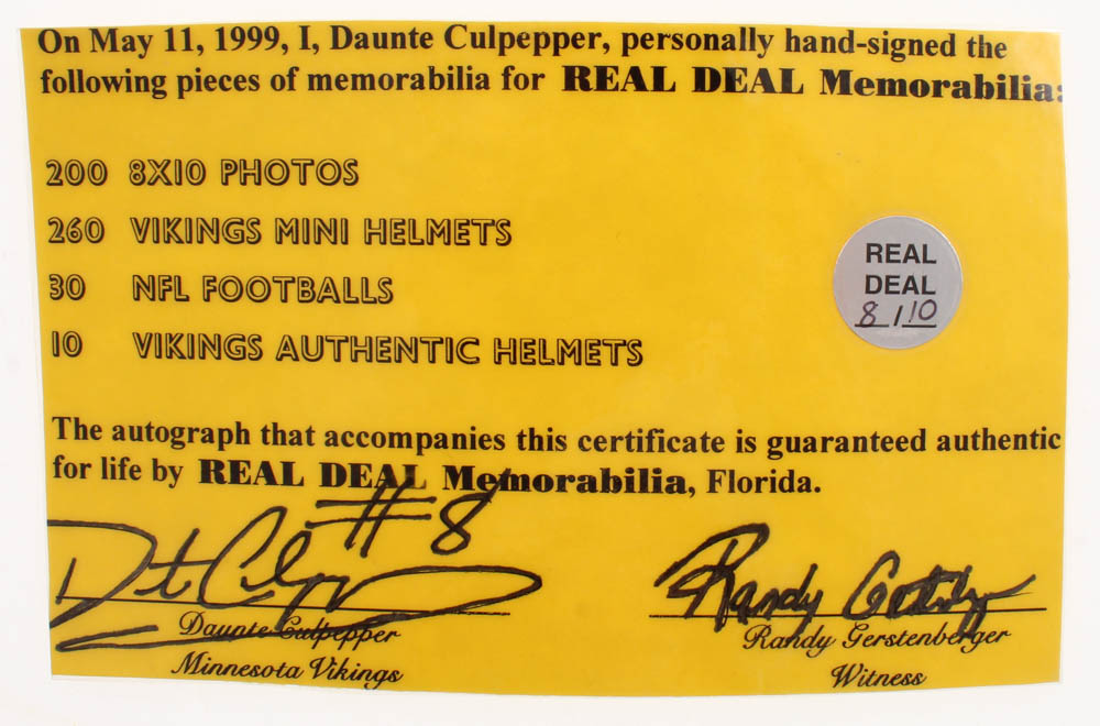 Daunte Culpepper Signed Vikings Full-Size Authentic On-Field Helmet (JSA COA & Real Deal COA) at PristineAuction.com Daunte Culpepper Signed Vikings Full-Size Authentic On-Field Helmet (JSA COA & Real Deal COA) at PristineAuction.com