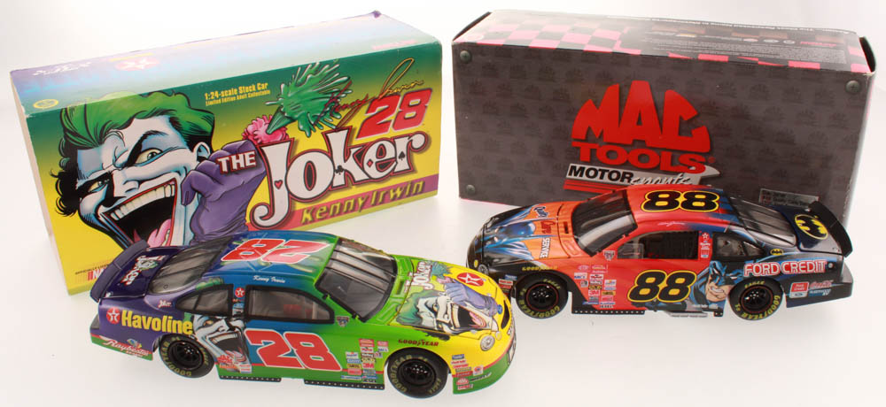 Lot of (2) 1:24 Scale Die Cast Cars with Dale Jarrett #88 Quality Care / Batman 1998 Ford Taurus & Kenny Irwin #28 Texaco / The Joker / Showdown at Charlotte 1998 Ford Taurus at PristineAuction.com Lot of (2) 1:24 Scale Die Cast Cars with Dale Jarrett #88 Quality Care / Batman 1998 Ford Taurus & Kenny Irwin #28 Texaco / The Joker / Showdown at Charlotte 1998 Ford Taurus at PristineAuction.com