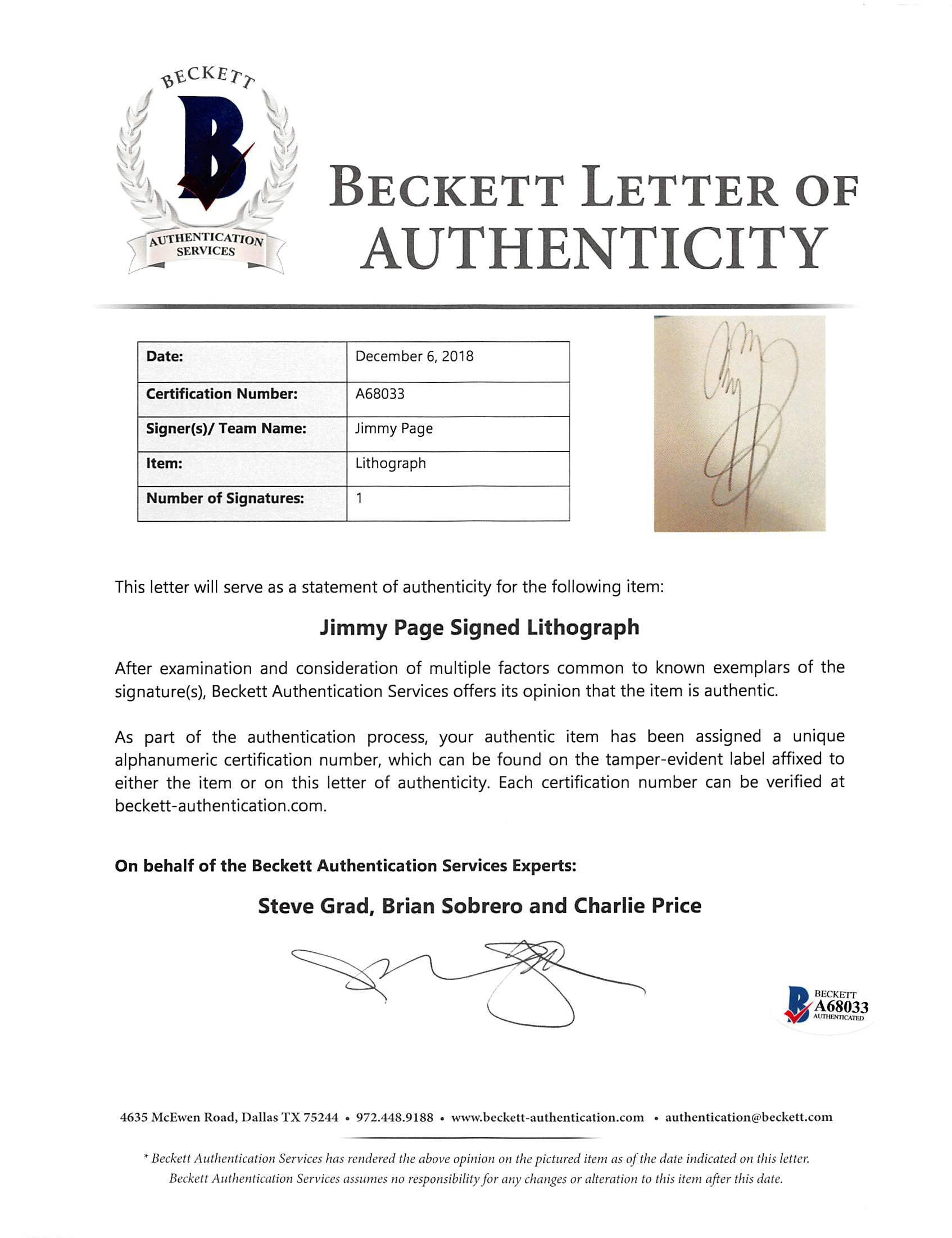 Jimmy Page Signed LE Led Zeppelin 30x33 Lithograph (Beckett LOA) at PristineAuction.com Jimmy Page Signed LE Led Zeppelin 30x33 Lithograph (Beckett LOA) at PristineAuction.com