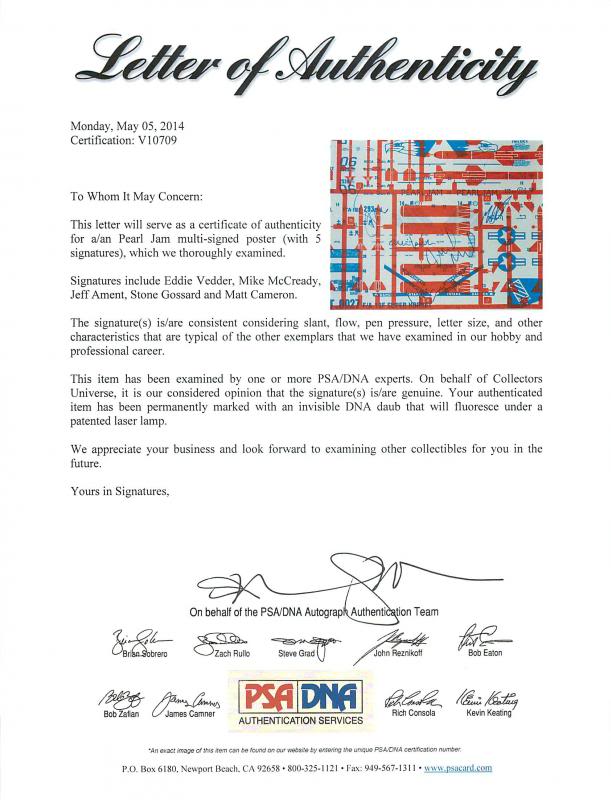 Pearl Jam 20x26 Poster Signed by (5) With Eddie Vedder, Mike McCready, Jeff Ament, Stone Gossard (PSA LOA) at PristineAuction.com Pearl Jam 20x26 Poster Signed by (5) With Eddie Vedder, Mike McCready, Jeff Ament, Stone Gossard (PSA LOA) at PristineAuction.com