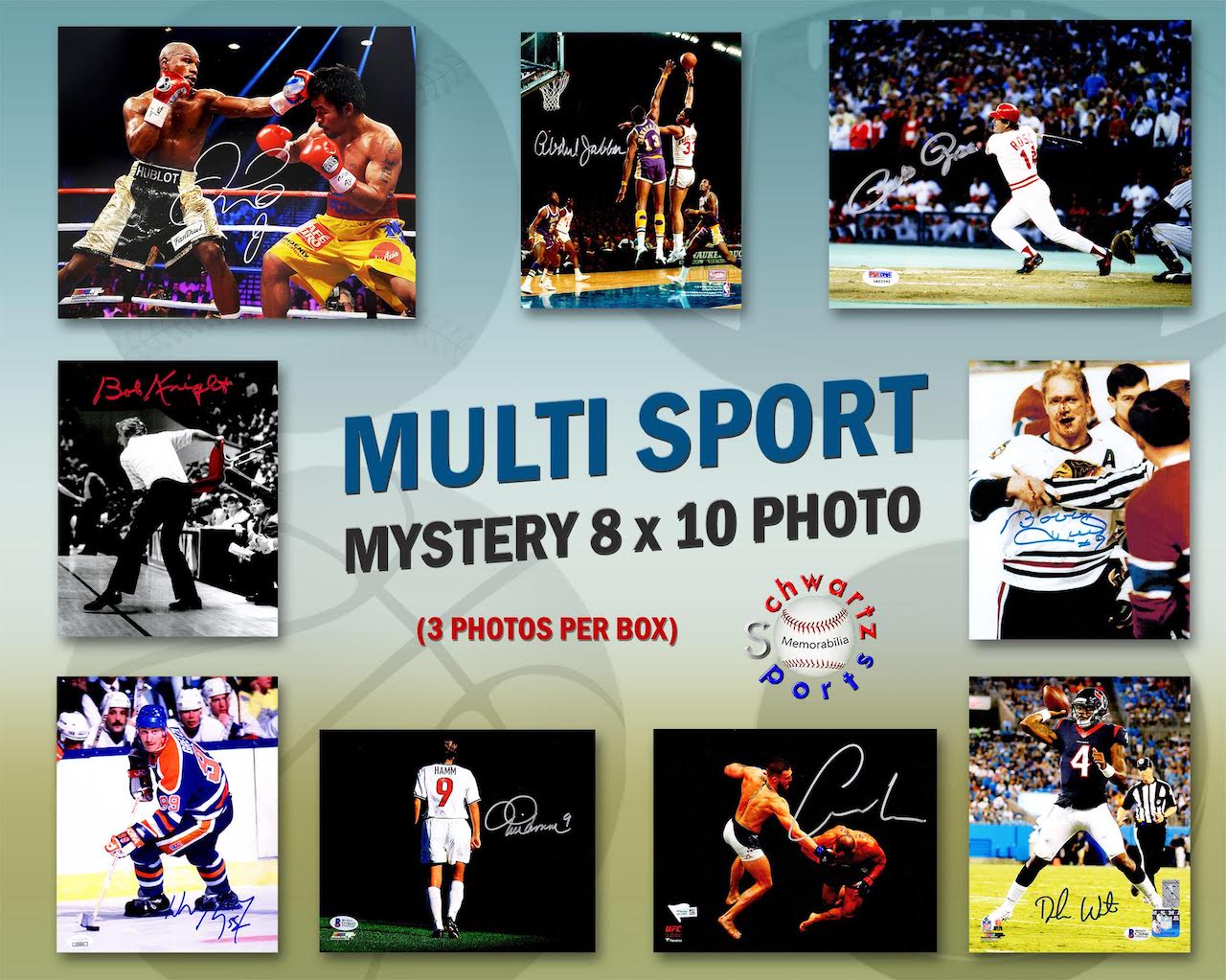 Schwartz Sports Multi Sports Signed Triple 8x10 Mystery Photo Collection – Series 4 (3 Autographed 8x10 Photos Per Box) - *Multiple 16x20 Redemptions* at PristineAuction.com Schwartz Sports Multi Sports Signed Triple 8x10 Mystery Photo Collection – Series 4 (3 Autographed 8x10 Photos Per Box) - *Multiple 16x20 Redemptions* at PristineAuction.com