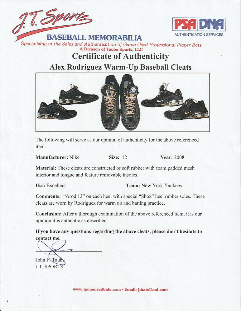 Pair of (2) Alex Rodriguez Game-Used 2008 Warm-Up Nike Shox Baseball Cleats (JT Sports LOA) at PristineAuction.com Pair of (2) Alex Rodriguez Game-Used 2008 Warm-Up Nike Shox Baseball Cleats (JT Sports LOA) at PristineAuction.com