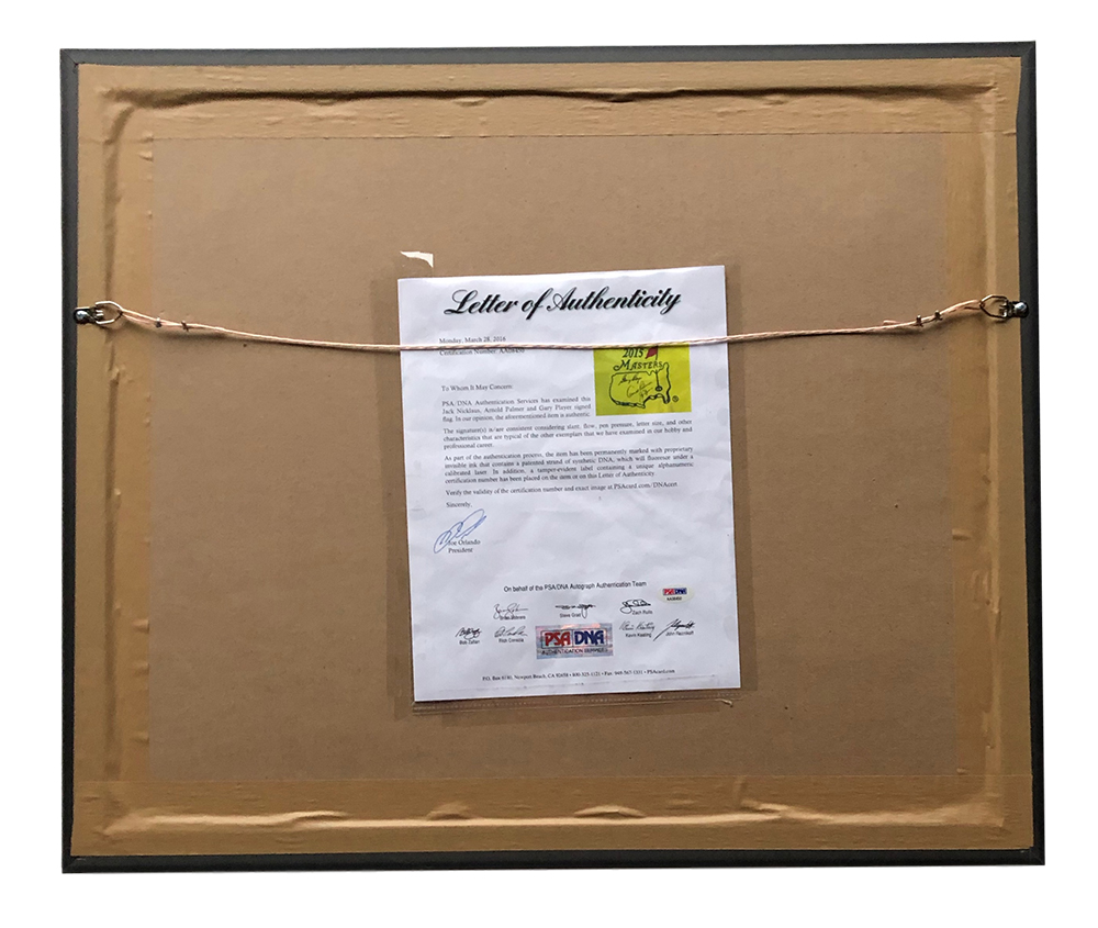 Arnold Palmer, Gary Player & Jack Nicklaus Signed 2015 Masters 19x23 Custom Framed Pin Flag Display (PSALOA) at PristineAuction.com Arnold Palmer, Gary Player & Jack Nicklaus Signed 2015 Masters 19x23 Custom Framed Pin Flag Display (PSALOA) at PristineAuction.com