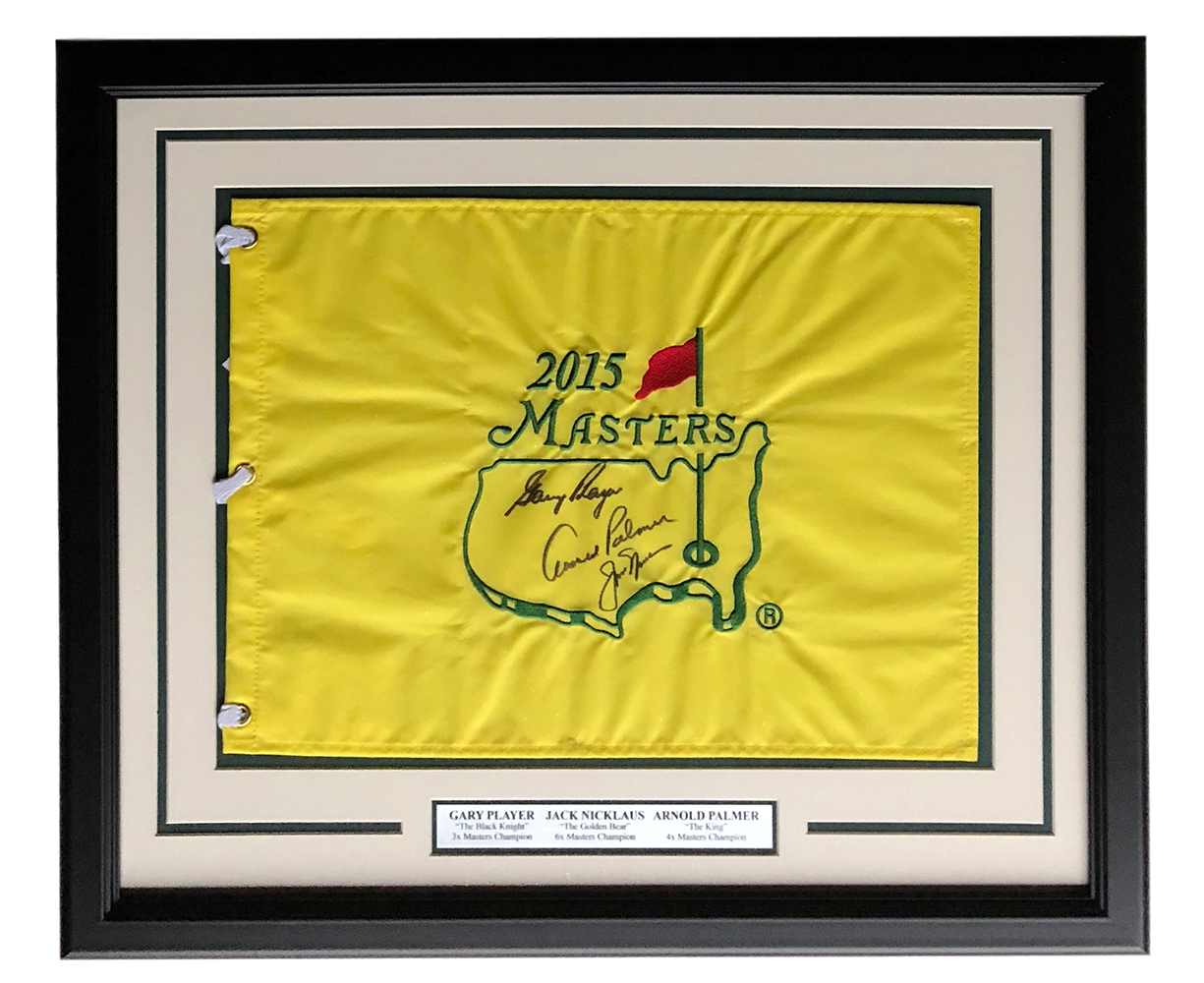 Arnold Palmer, Gary Player & Jack Nicklaus Signed 2015 Masters 19x23 Custom Framed Pin Flag Display (PSALOA) at PristineAuction.com Arnold Palmer, Gary Player & Jack Nicklaus Signed 2015 Masters 19x23 Custom Framed Pin Flag Display (PSALOA) at PristineAuction.com