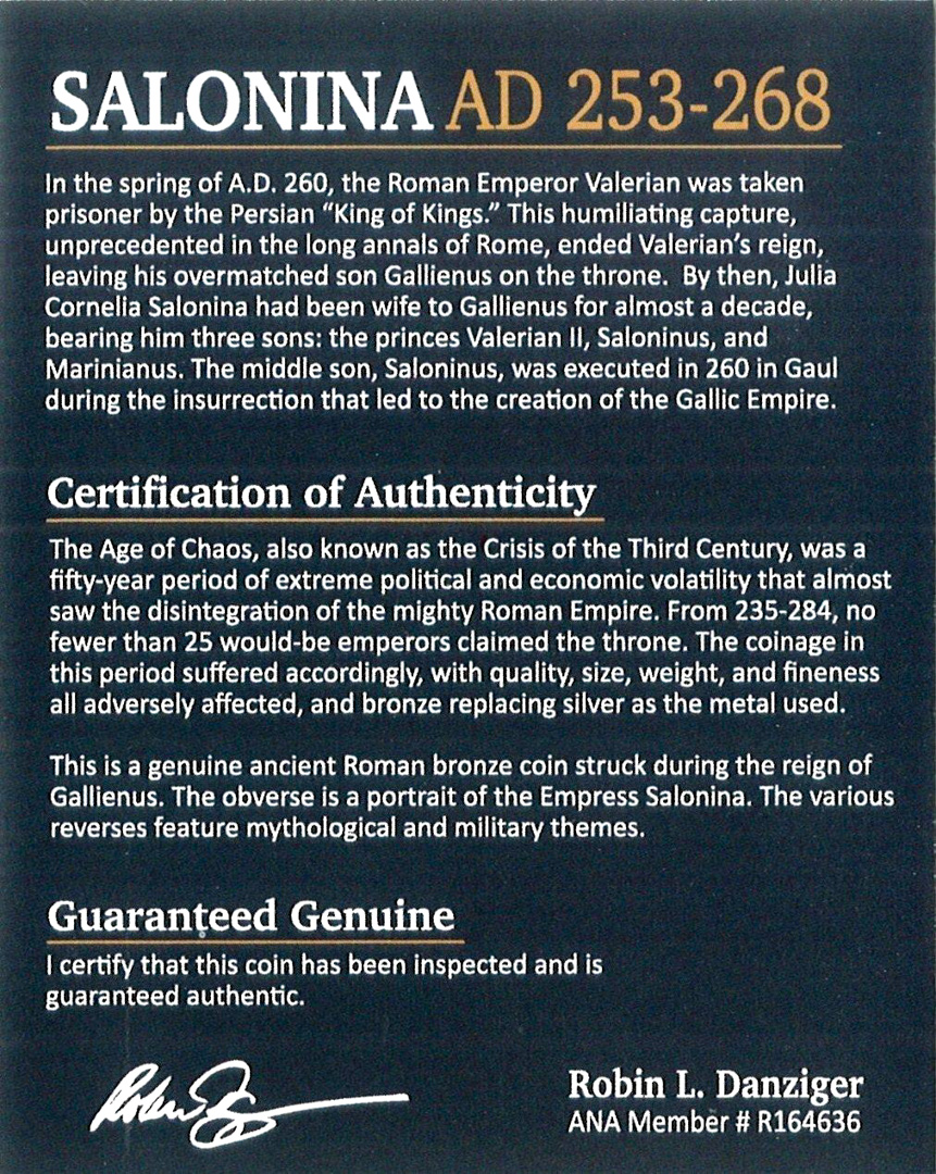 Salonina. AD 253-268 - Roman Age of Chaos Ancient Bronze Coin at PristineAuction.com Salonina. AD 253-268 - Roman Age of Chaos Ancient Bronze Coin at PristineAuction.com