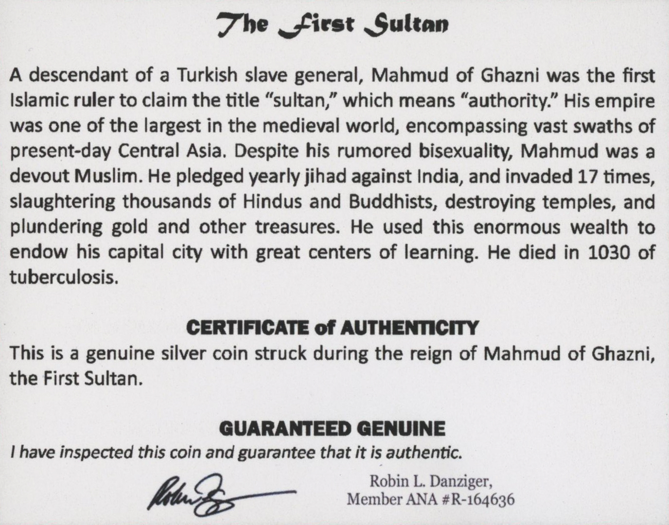 The First Sultan: Silver Coin of Muhmud of Ghazni (998-1030) at PristineAuction.com The First Sultan: Silver Coin of Muhmud of Ghazni (998-1030) at PristineAuction.com