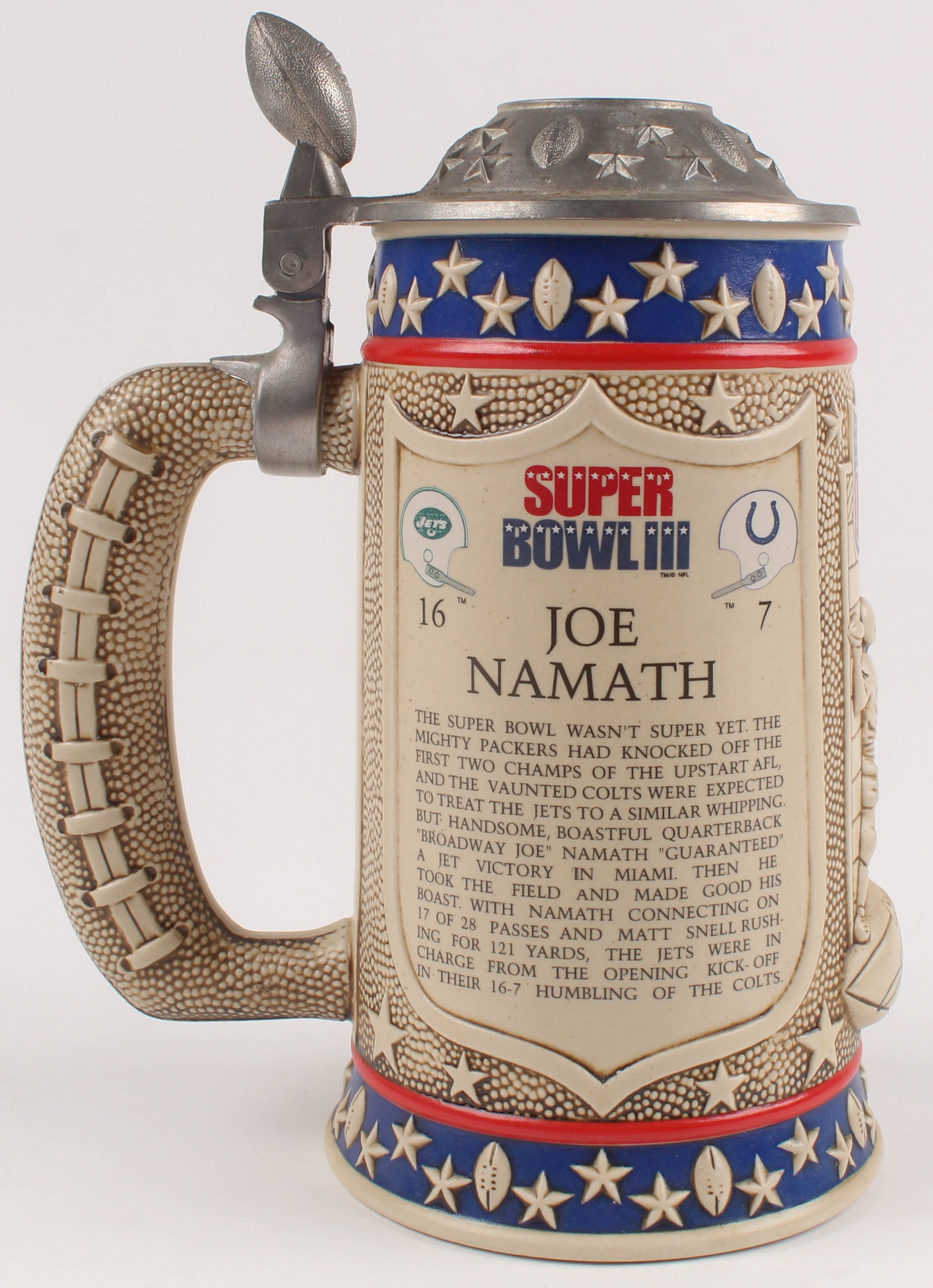 Joe Namath Jets Super Bowl III Collectors Beer Stein at PristineAuction.com Joe Namath Jets Super Bowl III Collectors Beer Stein at PristineAuction.com