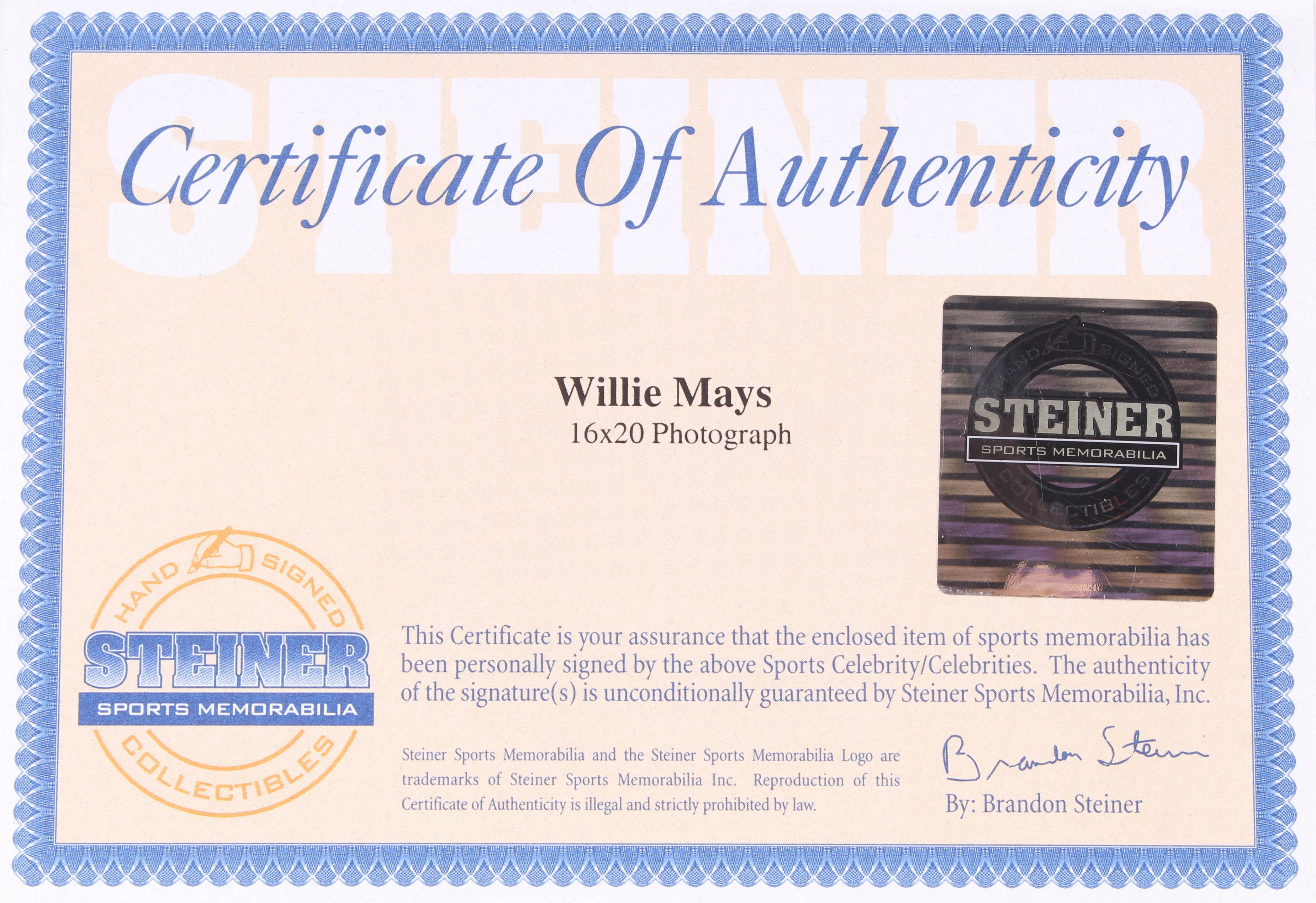 Willie Mays Signed Giants "The Catch" 16x20 Photo (Steiner COA & Mays Hologram) at PristineAuction.com Willie Mays Signed Giants "The Catch" 16x20 Photo (Steiner COA & Mays Hologram) at PristineAuction.com